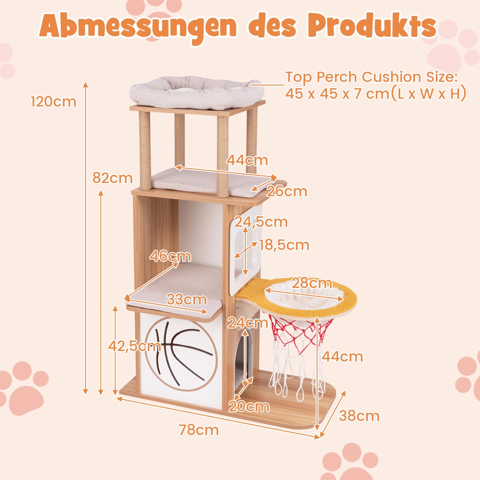 GYMAX Rascador de 120 cm, centro de actividades con casa para gatos de 2 pisos y 2 plazas de lujo con cojín acolchado, árbol para gatos con columnas de sisal natural, color natural