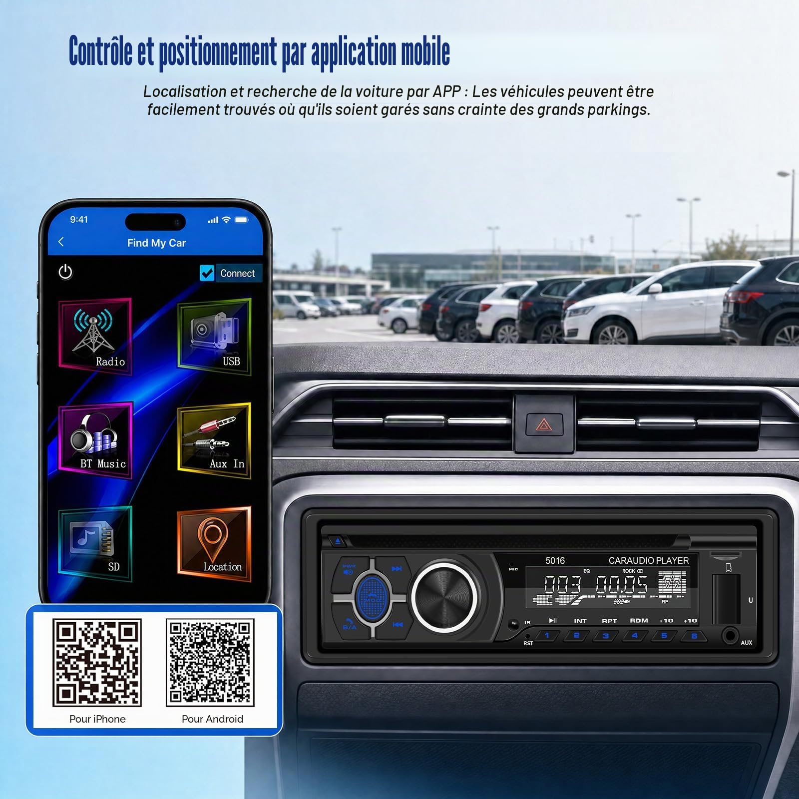 SIXTOP 1 DIN Autoradio avec lecteur DVD/CD, Autoradio 1Din Système Mains Libres Bluetooth Radio 1Din avec FM AM Radio, Lecteur MP3 avec Contrôle APP Prend en Charge l'entrée AUX/lecture/Chargement USB