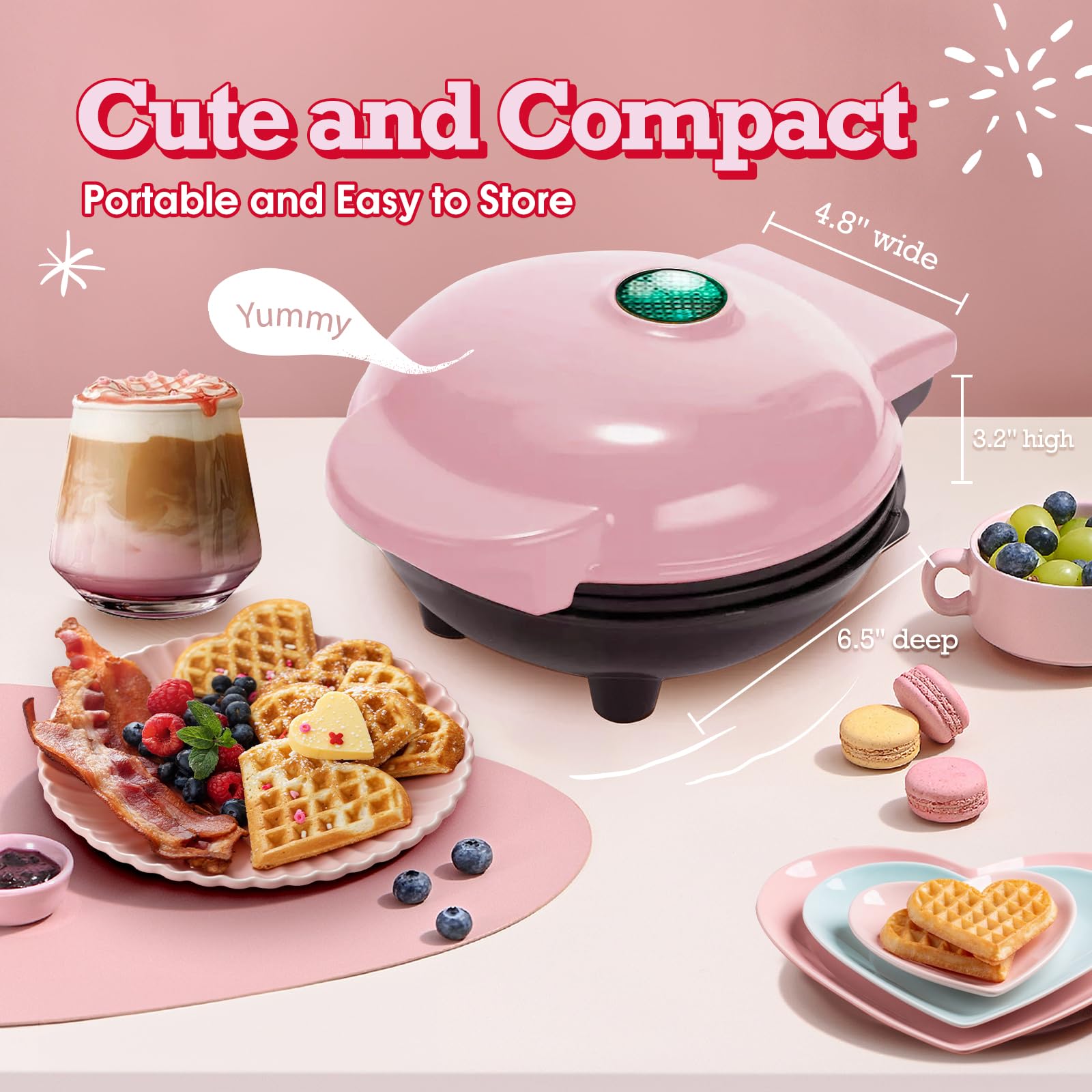 Mini Gofrera En Forma De Corazón, Pequeña Gofrera Antiadherente De 10 Cm, 350W Calentamiento Rápido Y Uniforme, Máquina Para Hacer Gofres Portátil Para Niños Familias Y Estudiantes, Rosa