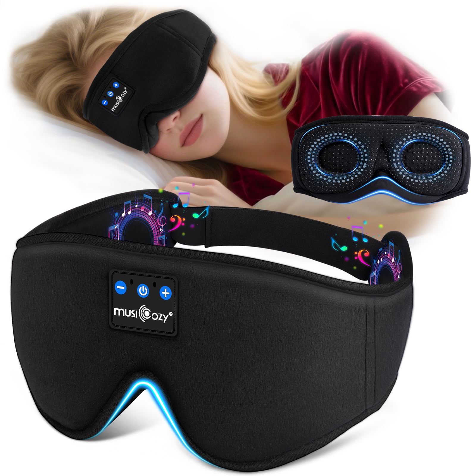 MUSICOZY Bluetooth Schlafmaske mit Kopfhörer,Bequeme 3D Schlafmaske für Seitenschläfer,100% Verdunkelung & kein Augendruck, weich&atmungsaktiv, ideal für Schlafen,Reisen,Flugzeug & Insomnia, 14h Akku