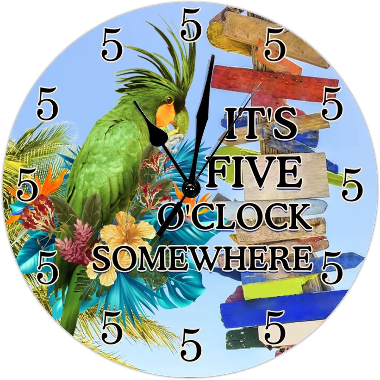 It's Five O'clock Somewhere Wood Clock Summer Beach Floral Parrot Toucan Wall Clocks Hawaii Beach Tropical Wood Clocks Battery Operated Summer Ocean Round Clock for Home Office School 15inch
