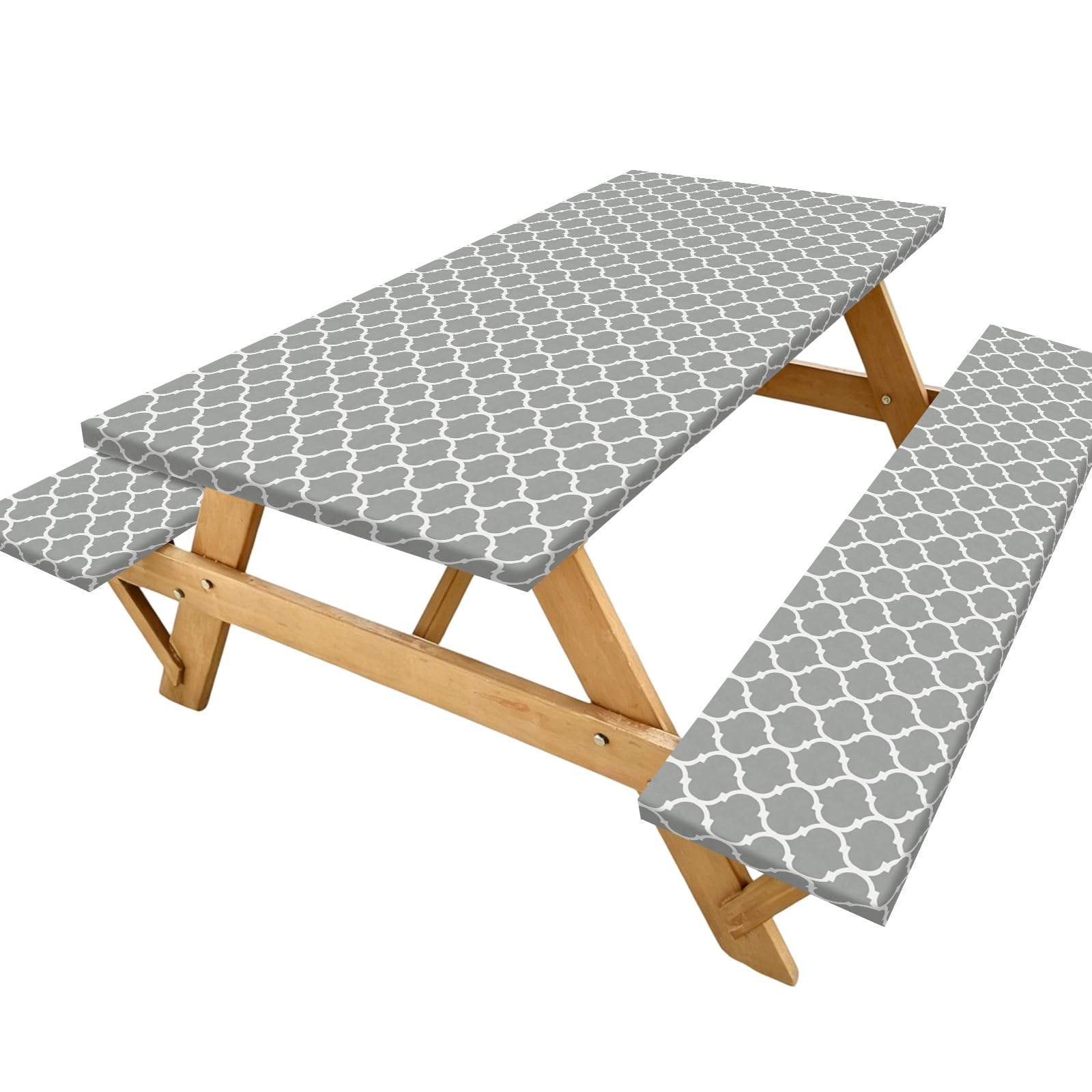 M METERXITY 1 Set Picnic Table Cover with Bench Covers, Flannel Back Waterproof 72x30 Inch Rectangular Elastic Fitted Tablecloth for Camping/Outdoor/Patio/Garden/Party [Grey]