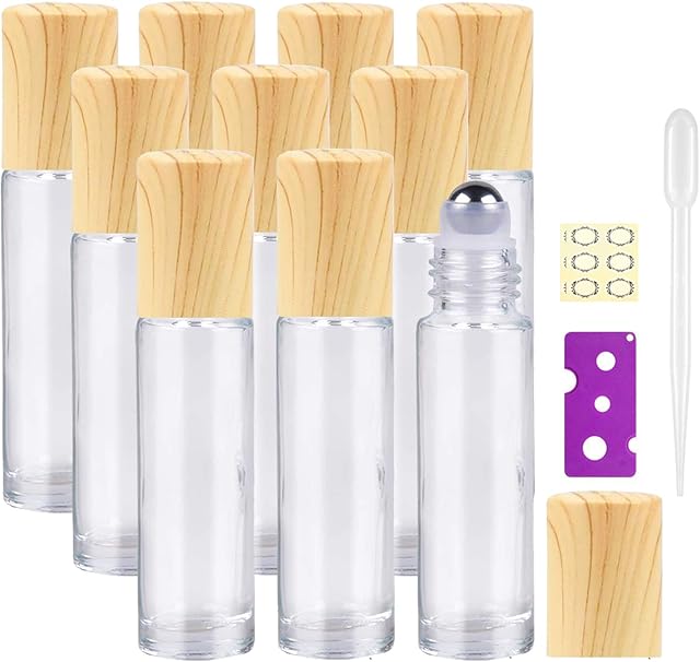 Yalbdopo 10Pcs, 10Ml Essential Oil Roller Bottles - Refillable Clear Glass Roll on Bottles Roll Bottles with Stainless Steel Roller Balls & Wood Grain Plastic Cap, Include 12 Labels, Dropper & Opener