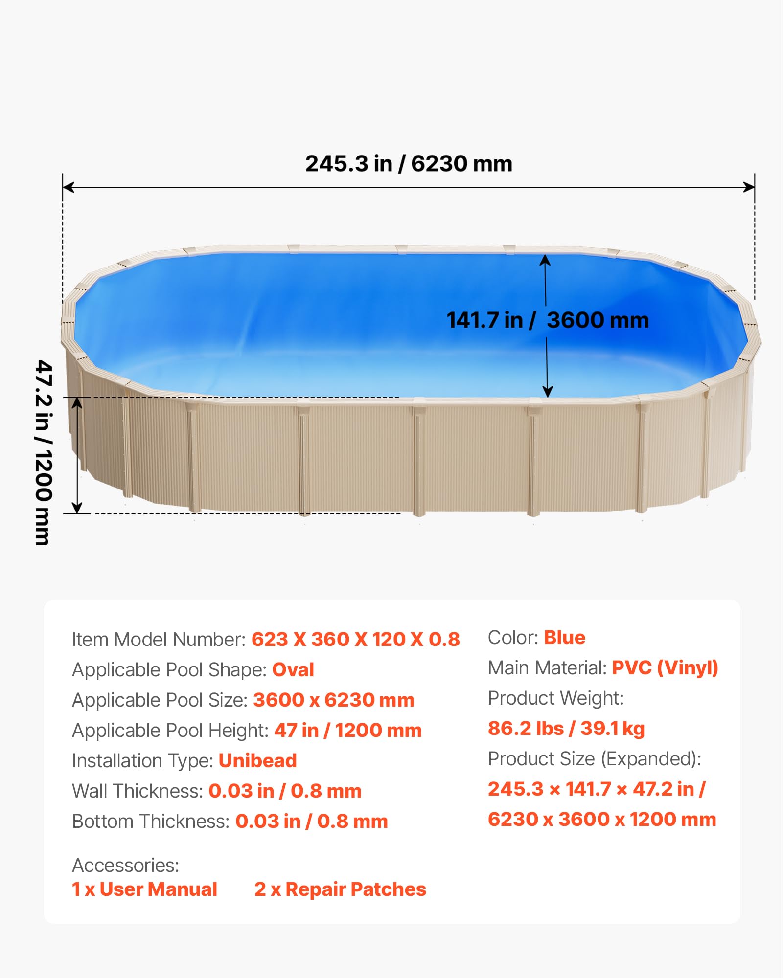 VEVOR Revestimiento para Piscina PVC, Liner para Piscinas Elevadas de Grosor mm, Altura de Pared, Resistente al Desgarro, Frío y Sol para Exterior y Jardín (Ovaladas 360 x 623 cm)
