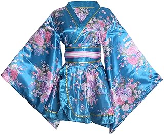 Women's Short Kimono Dress Floral Print Japanese Traditional Sexy Geisha Robe Bathrobe Skirt Belt Outfit