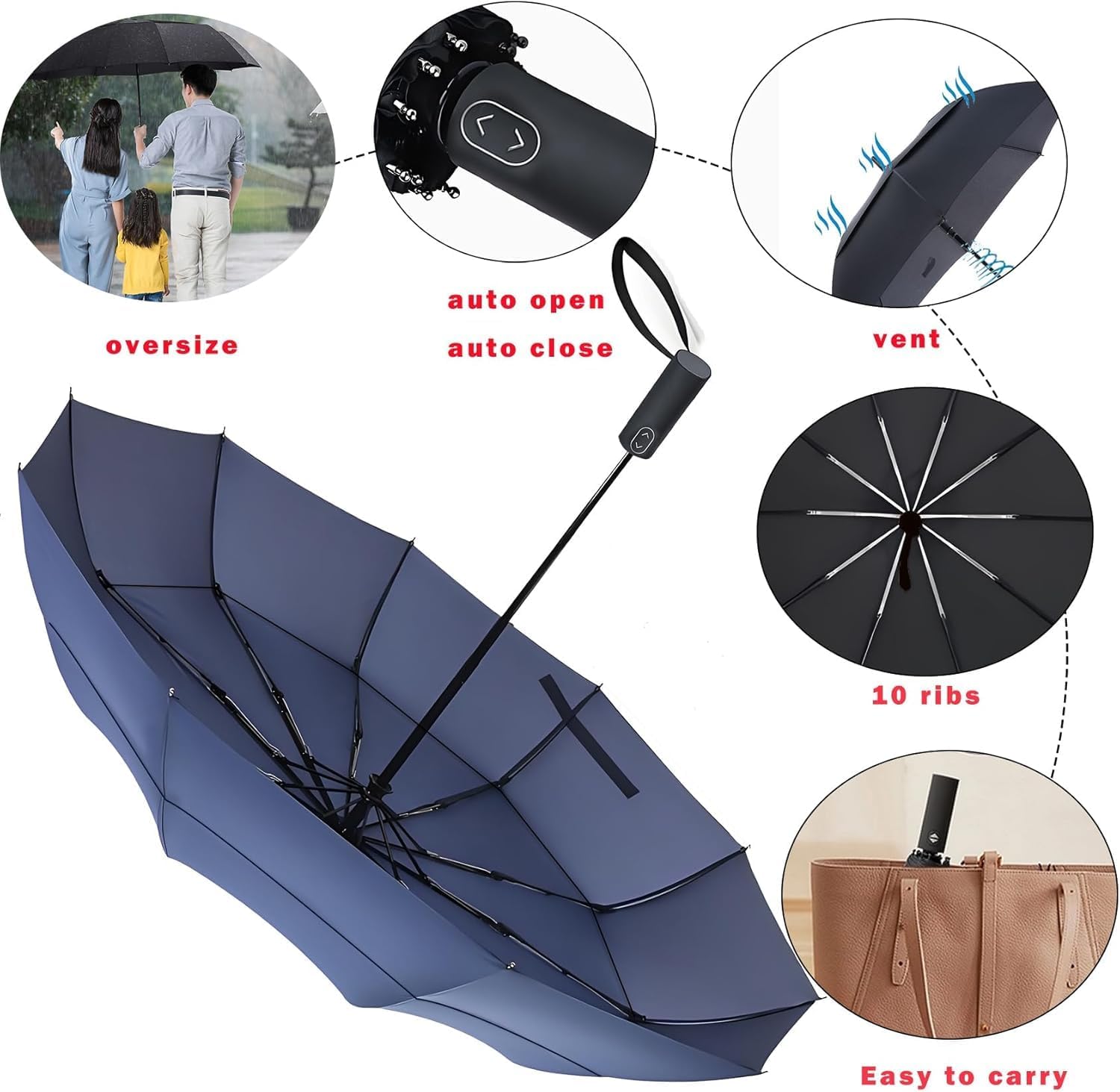 MRTLLOA 49/54/62 Inch Large Folding Golf Umbrella, Oversize Double Canopy Vented 10 Ribs Windproof Compact Travel Umbrellas for Rain - Image 3