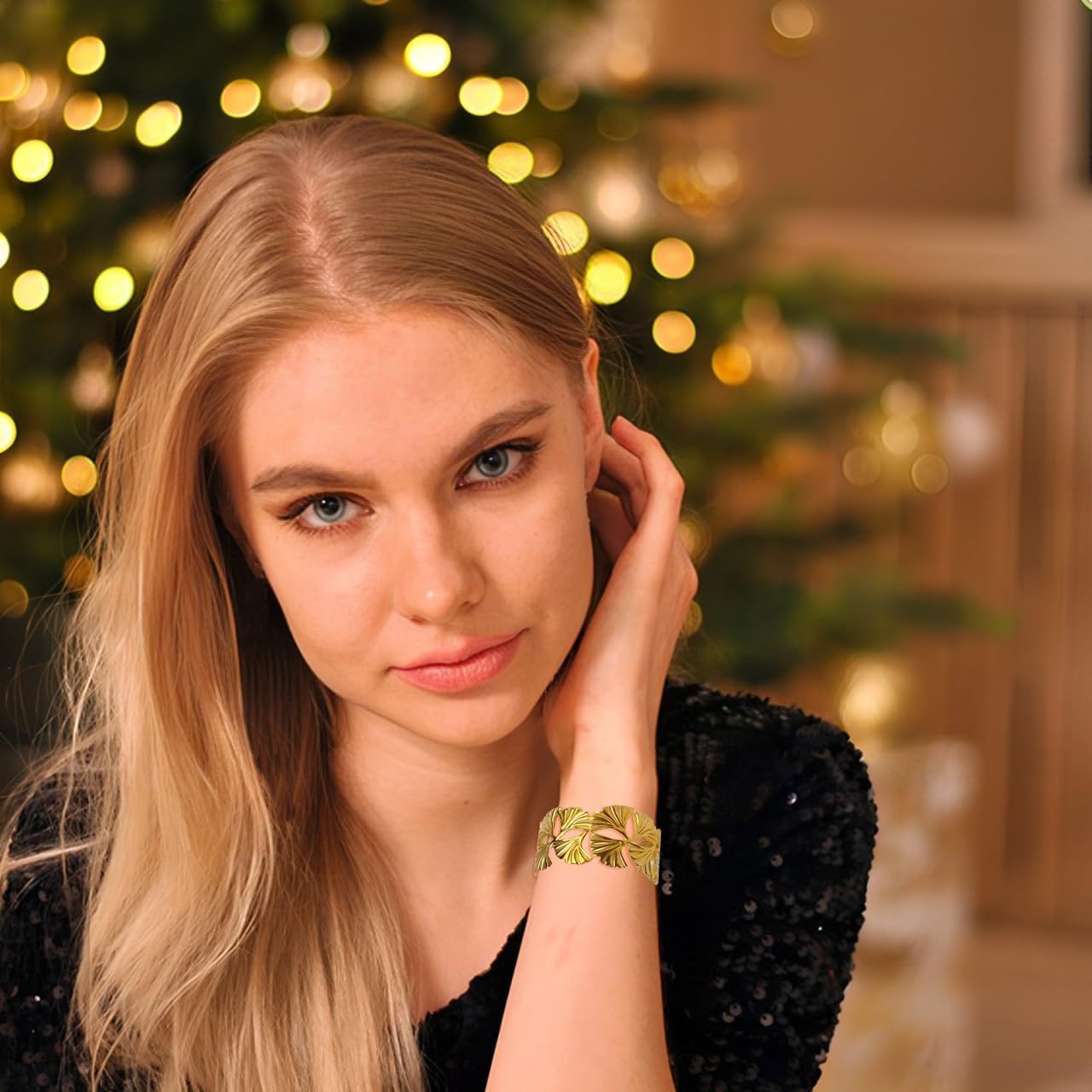 18k Gold Plated Adjustable Cuff Bracelets Personalized Open Wide Leaf Natural Stone Cuff Bangle Buckle Bracelet Jewelry Birthday Valentine's Day Gift for Women - Image 2