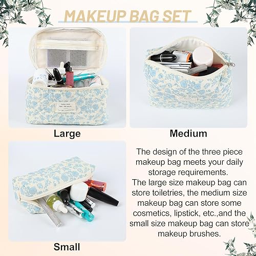 Miniatura 6 de Bolsa de maquillaje acolchada de algodón de 3 piezas, juego de bolsa de maquillaje acolchada floral, bonita bolsa de cosméticos para mujer, bolsa