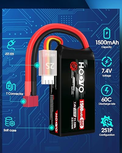 Miniatura 8 de HOOVO Paquete de batería de 7.4V 30C 450mAh con enchufe JST (2 paquetes)+7.4V 60C 1500mAh Lipo batería con enchufe T (2 paquetes)