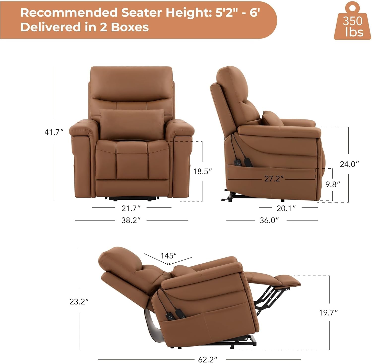 Genuine Leather Electric Lift Chairs with Power Headrest for Elderly with Heat and Massage Side Pockets Power Lift Recliner Chair Cup Holder, Removable Lumbar Pillow