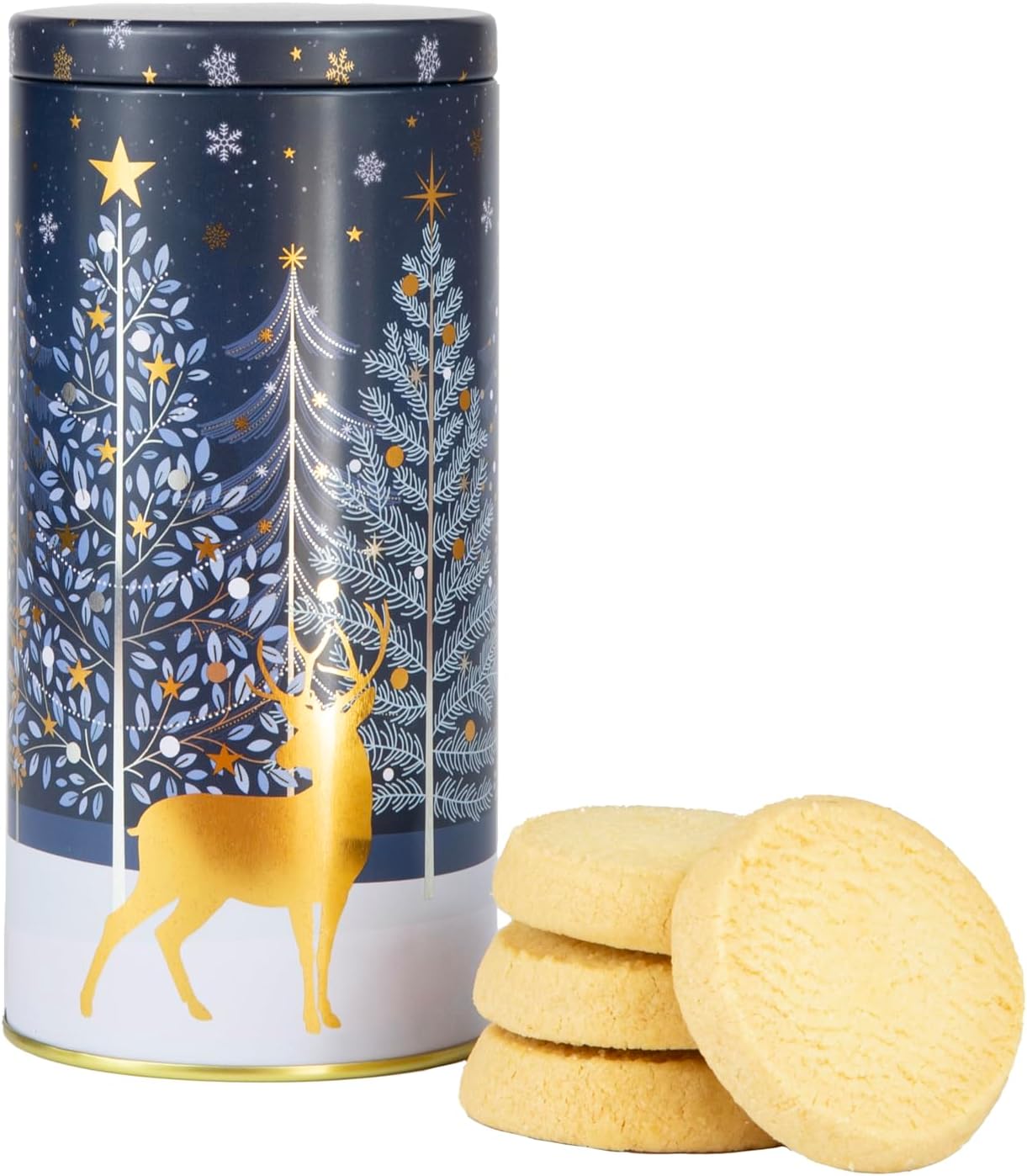 Cylinder Christmas Stag and Moon Biscuits Tin - Traditional Scottish Shortbread Gift Set, Festive Filled Tins of Biscuits, Novelty Christmas Gifts - Luxury Biscuit Gift Sets for Women & Men