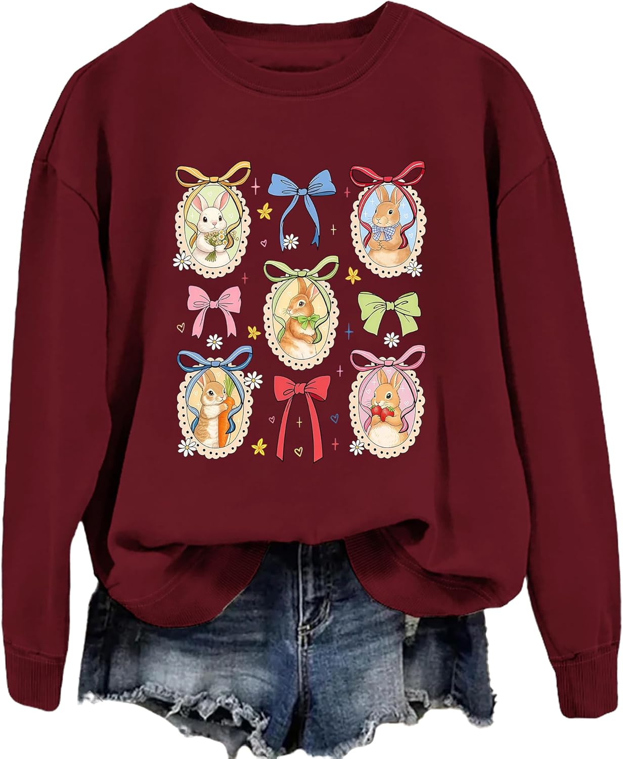 Floral Coquette Easter Bunny Sweatshirt Vintage Trendy Easter Bow Hoodie Easter Bunny Sweater For Women