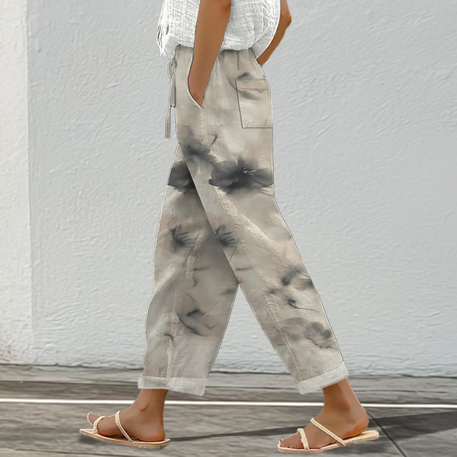 Lounge Pants for Women Trendy Floral Elastic High Waist Drawstring Palazzo Pants Summer Casual Trousers