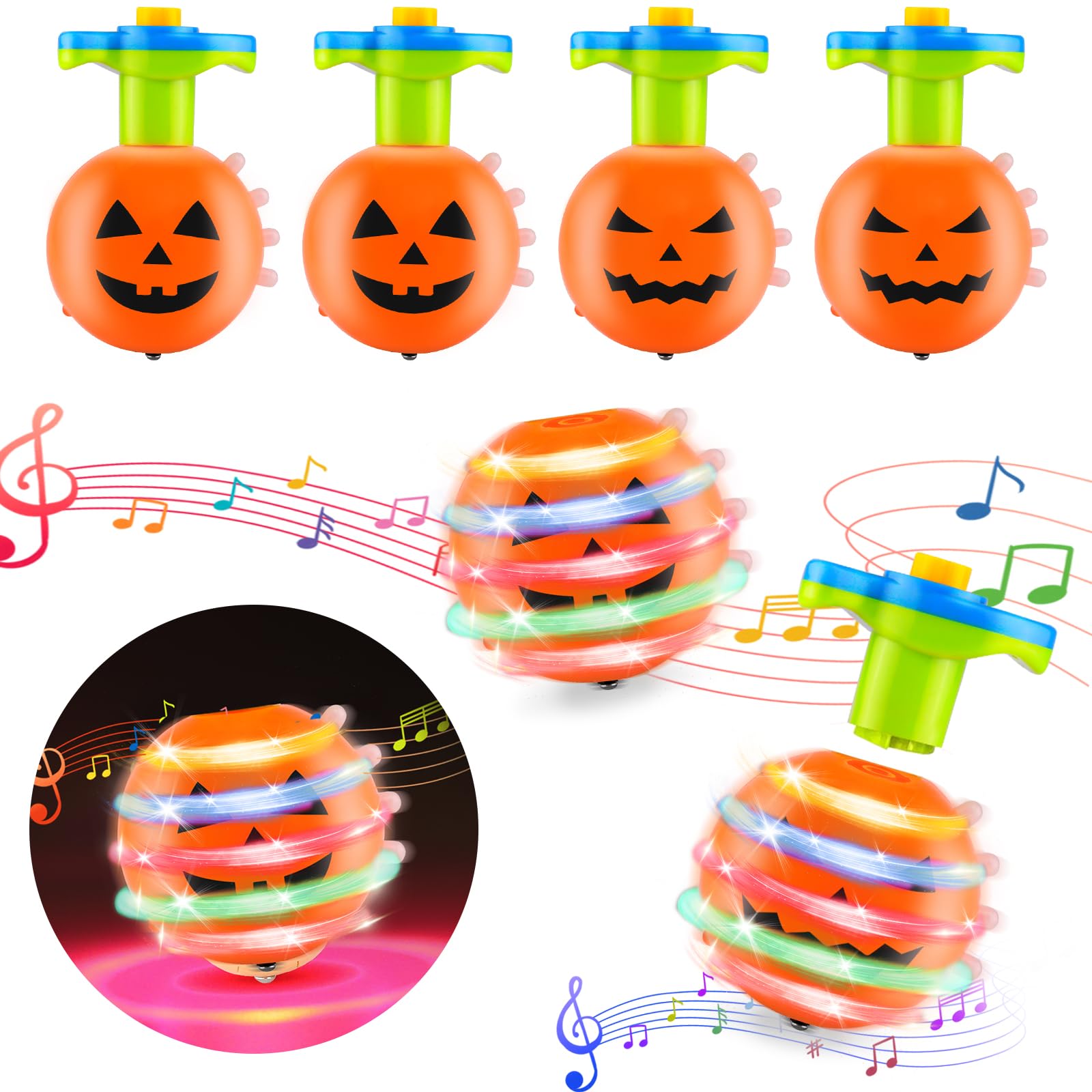 Halloween Mitgebsel Kinder, Halloween Kreisel fürJungen und Mädchen, 4 Stück Kürbis-Kreisel mit Licht und Musik, Dekompressions Ziehspielzeug für Jungen Mädchen Party Mitgebsel
