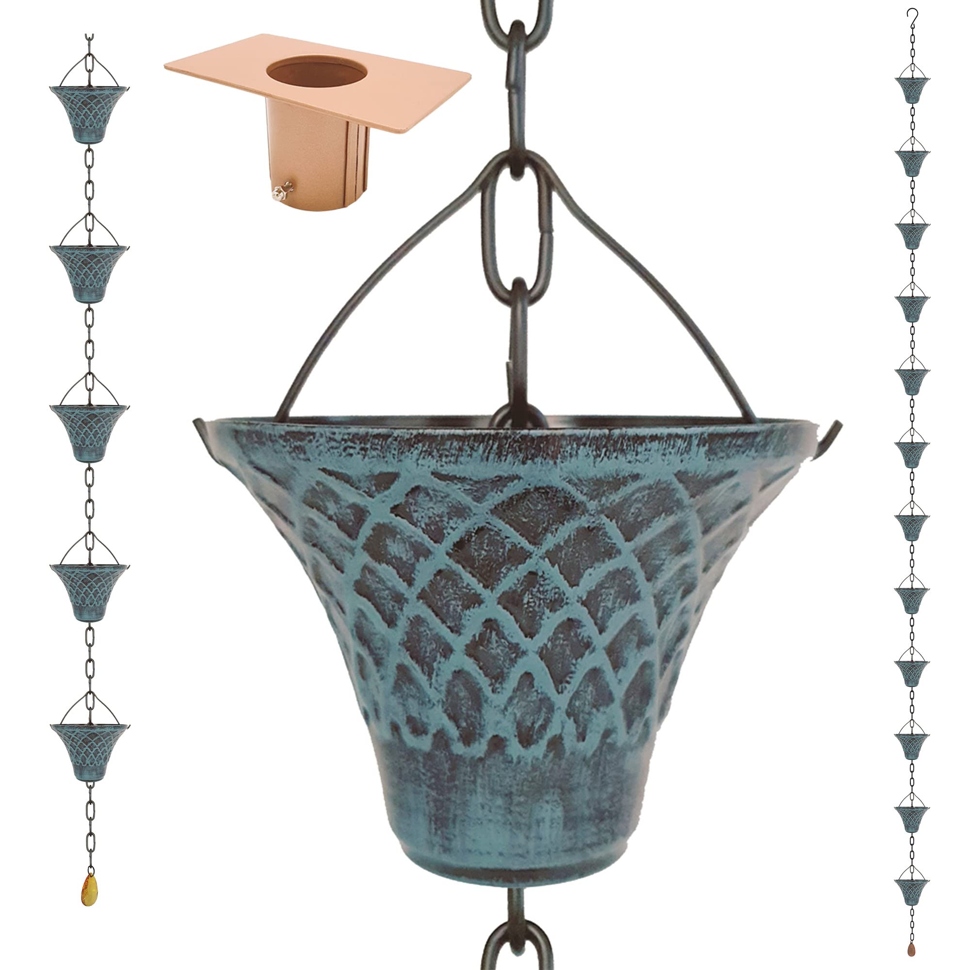 8.5FT Antique Sky Blue Colored Iron Rain Chains for Gutter and Rain Barrel | Rust-Resistant Plated Garden Décor Rain Chain for Downspout | Bonus Rain Chain Gutter Adapter