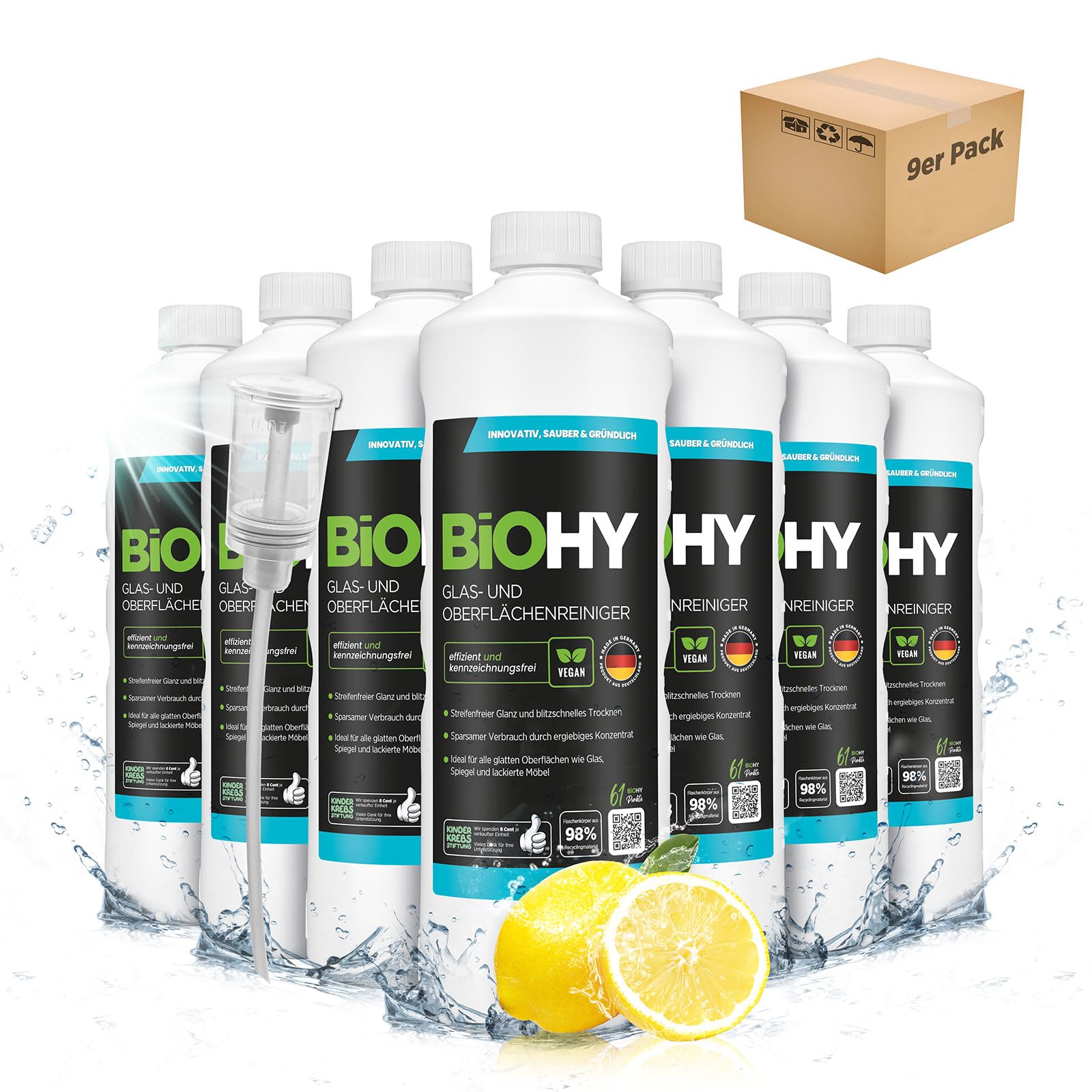 BiOHY Limpia cristales y superficies (9 botellas de 1 litro) + Dosificador | Concentrado para uso de aparatos y suelos duros | Olor agradable y limpieza sin rayas (Oberflächenreiniger)