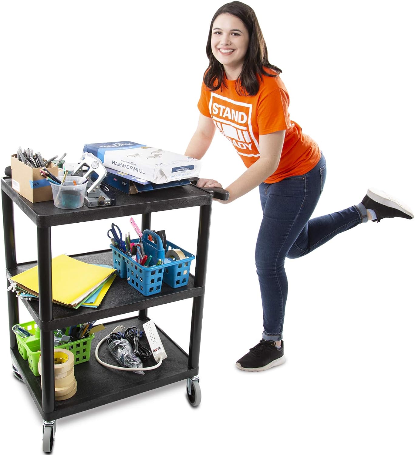 Stand Steady Tubstr 3 Flat Shelf Printer Cart, Compact and Heavy-Duty Utility Storage - Supports up to 300 lbs, Great for Home, Office, Warehouse, 28 x 18 in Tool Table, Moves Cargo Easily (Black)