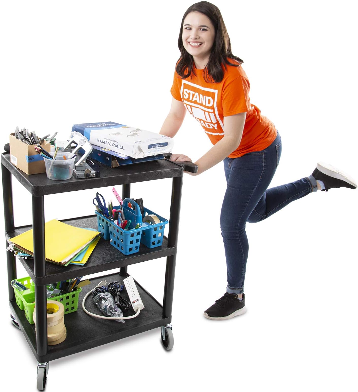 Tubstr 3 Flat Shelf Printer Cart, Compact and Heavy-Duty Utility Storage - Supports up to 300 lbs, Great for Home, Office, Warehouse, 28 x 18 in Tool Table, Moves Cargo Easily (Black)