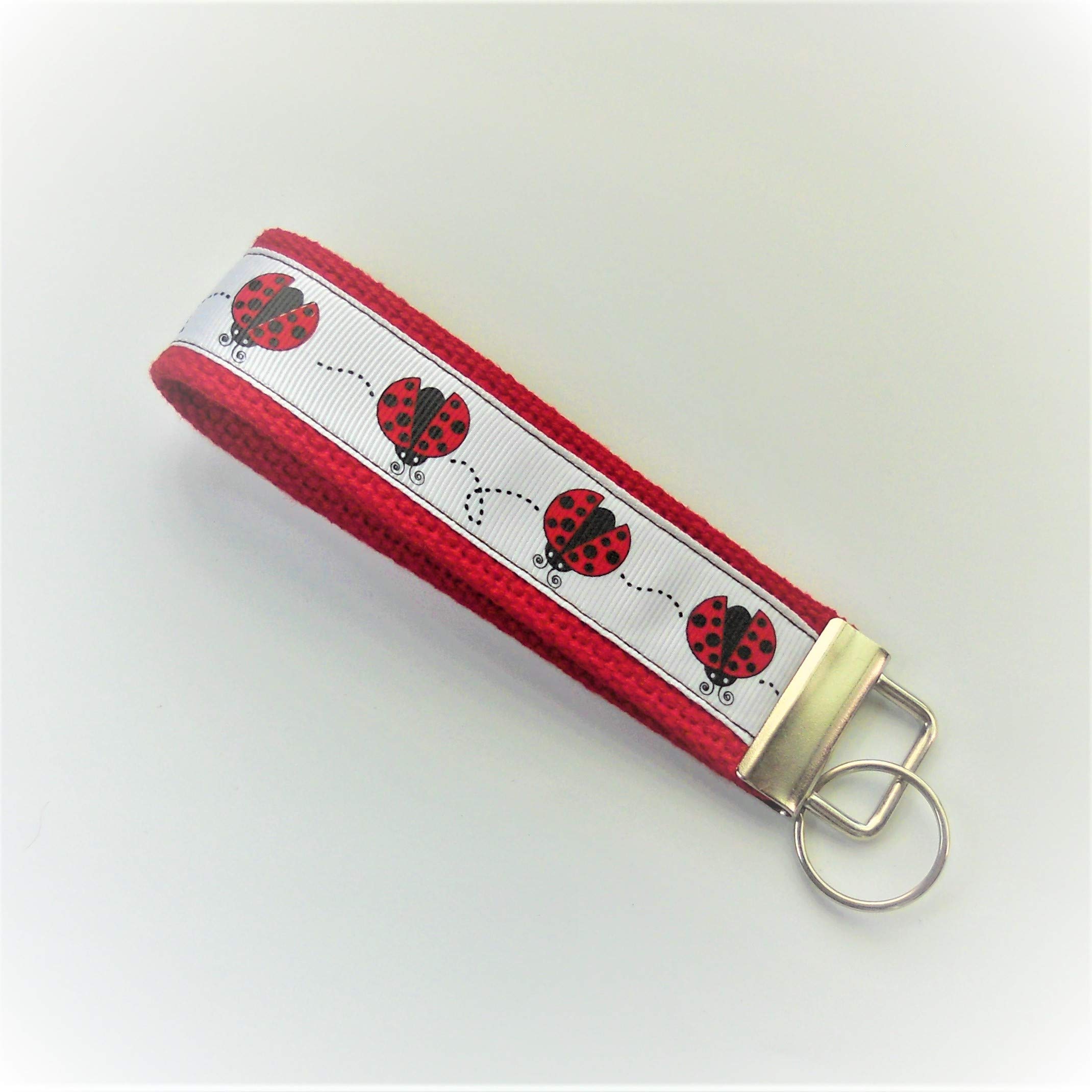 Wristlet Key Fob Larger 6 Inch White Red Ladybugs Red