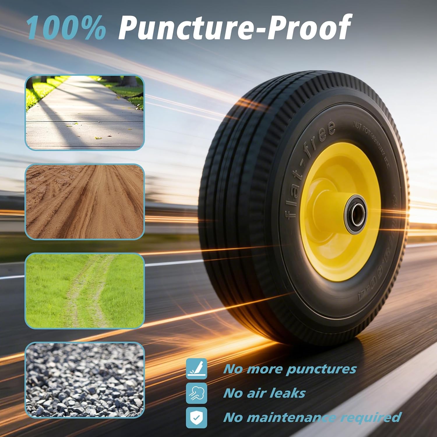 4.10/3.50-4" Flat Free Tire and Wheel, 10" Solid Tire with 5/8" Axle Bore Hole with 3/4" & 1/2" Extra Bearings, 2.2" Offset Hub for Wheelbarrow Hand Truck Garden Wagon Cart Trolley Dolly