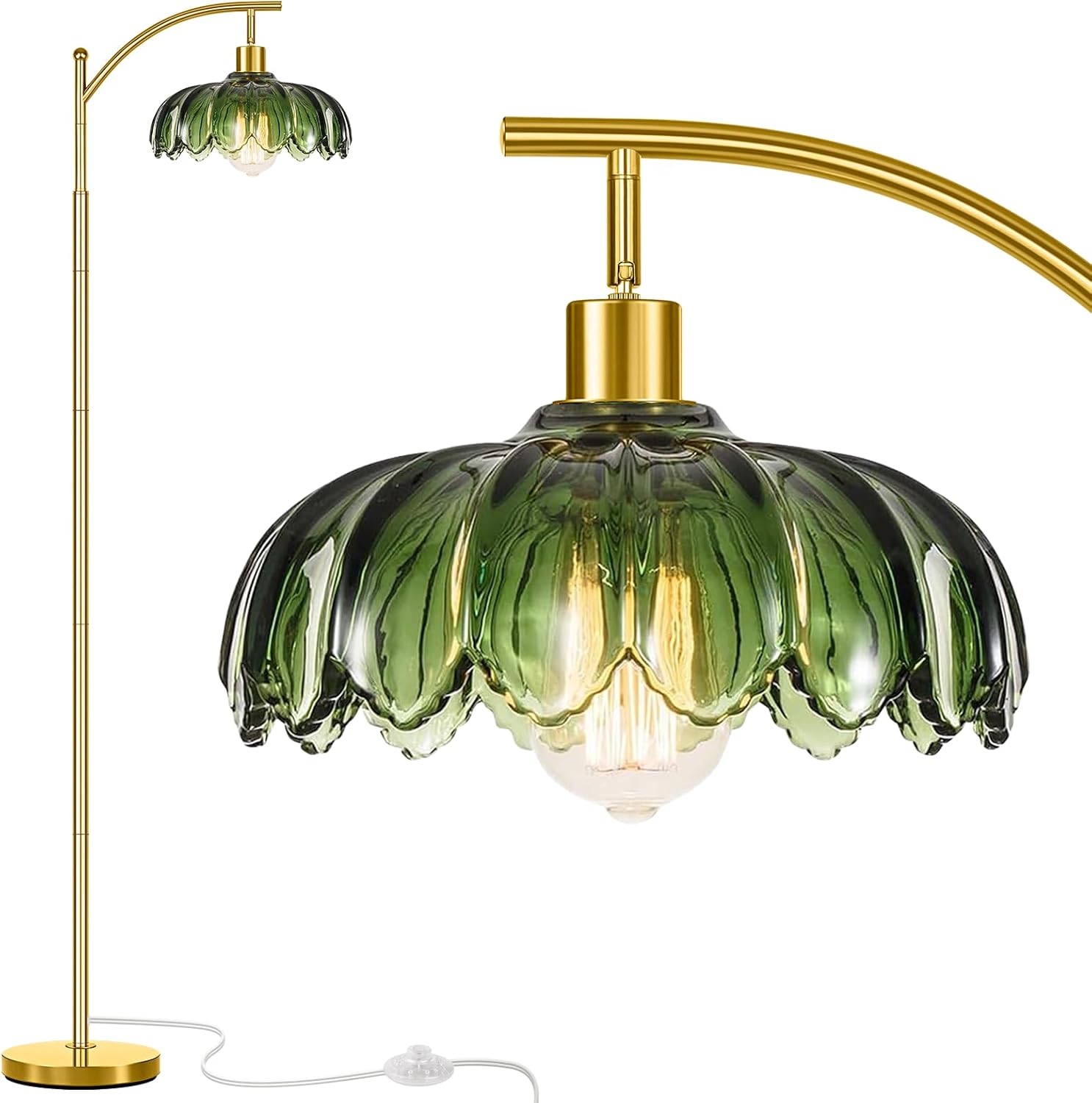 Gold Floor Lamp for Living Room,Unique Vintage Standing Tall Lamp,Mid Century Modern Floor Lamps Arc Green Glass Floor Lamps for Office Corner