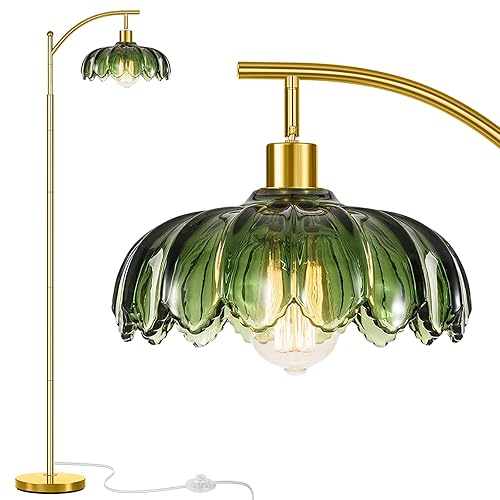 Gold Floor Lamp for Living Room,Unique Vintage Standing Tall Lamp,Mid Century Modern Floor Lamps Arc Green Glass Floor Lamps for Office Corner - Green