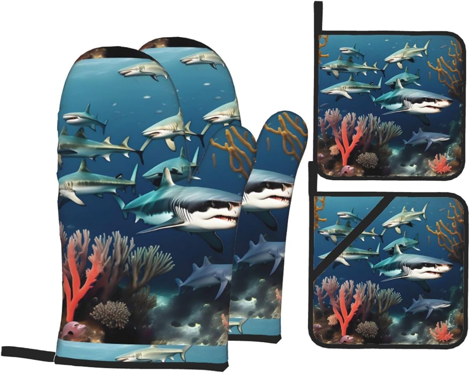 Sharks Under the sea Prints Kitchen Covers: Waterproof Oven Layers for Safe Cooking & Easy Cleanup - 4 Piece Heat Protection Set