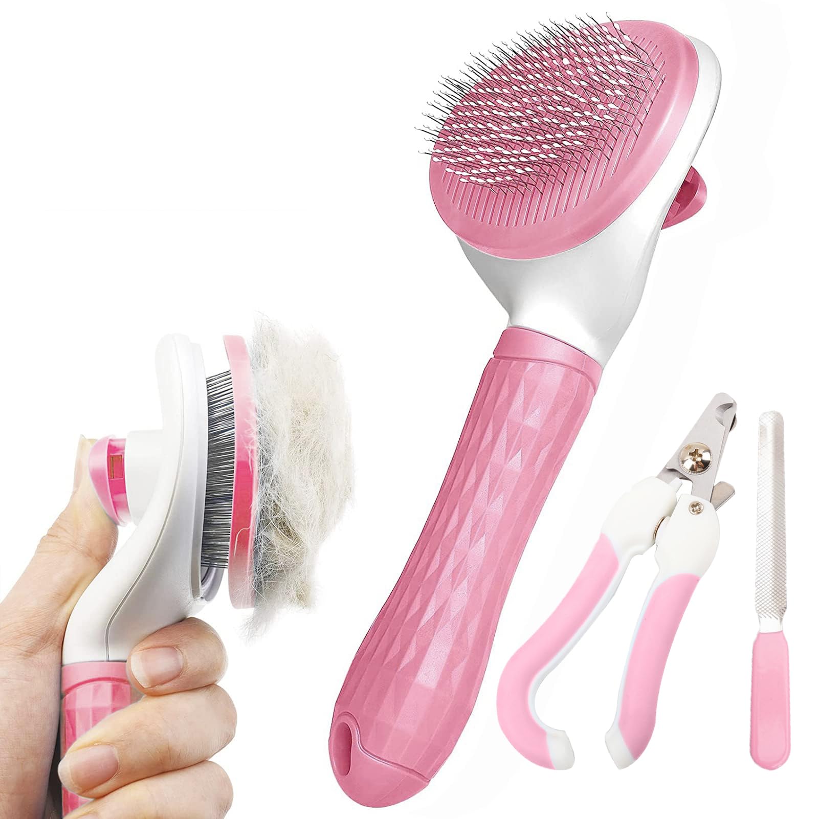 Barky Club 3 Piece Pet Grooming Kit – Self Cleaning Dog Brush, Professional Nail Clippers with Quick Sensor & Safety Lock, Plus Nail File – Ideal for Cats, Dogs, Puppies (Pink)