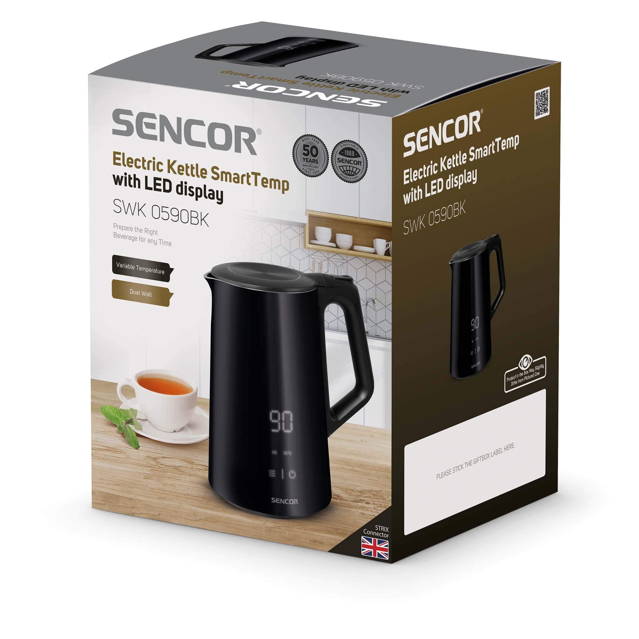Sencor Bollitore Elettrico Nero Potente, Cool Touch, Anti-Bruciatura, Senza BPA - Bollitore Elettrico Temperatura Regolabile, Display LED, 1.5L, Acciaio Inossidabile, 2200W, Mantenimento Calore