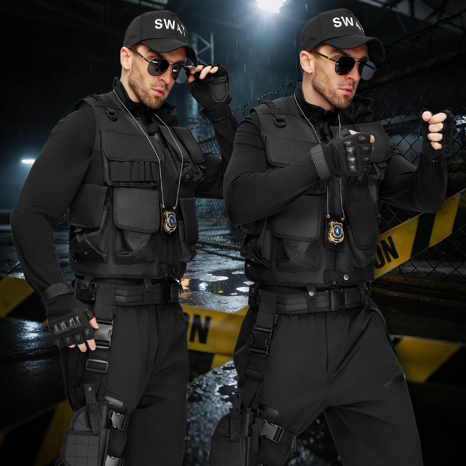 Conjunto Disfraces Swat para Hombre, Chaleco Swat Security con Equipamiento Policial, Chaleco Policial Negro para Carnaval, Halloween y Cosplay