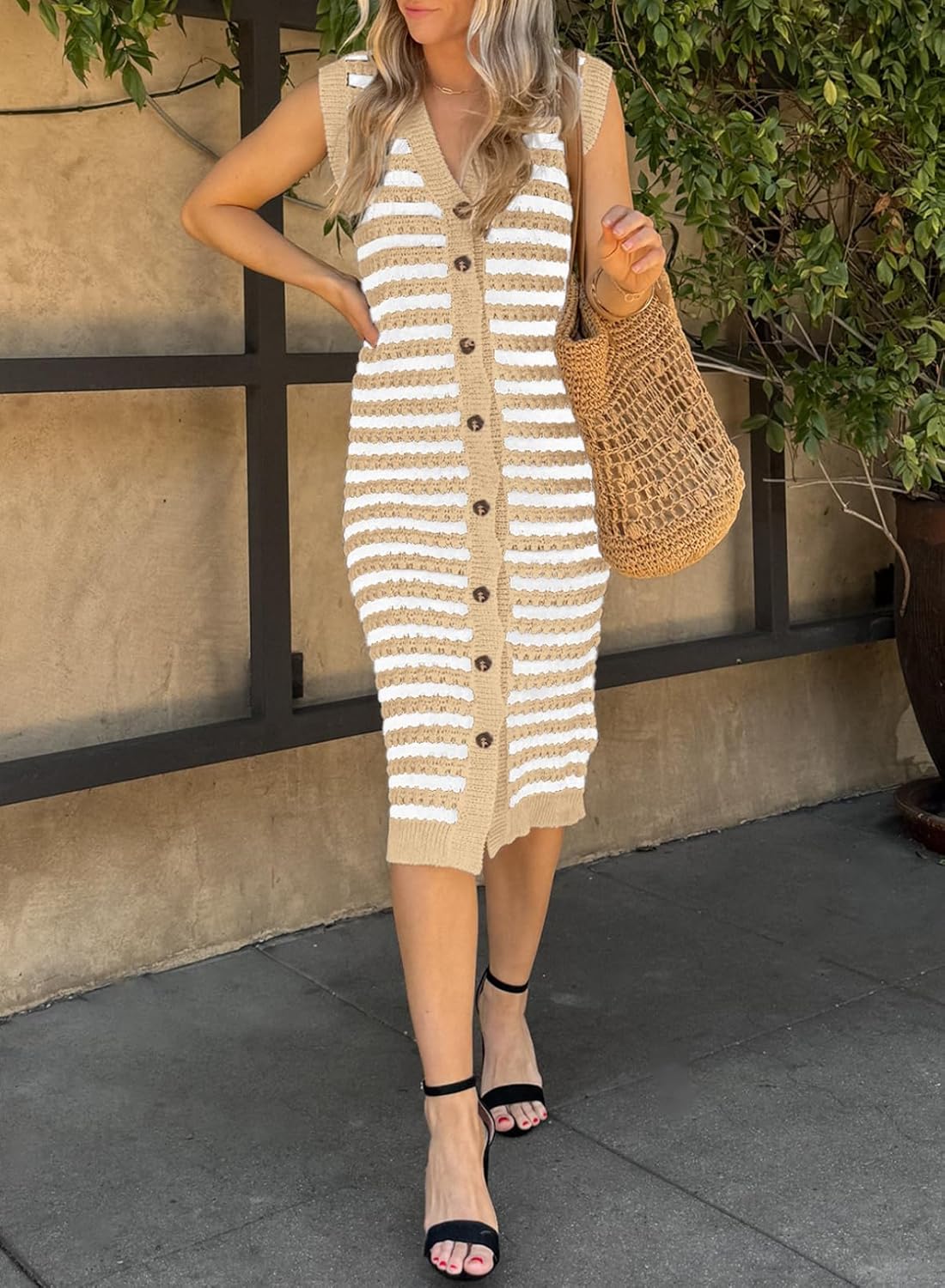 BLENCOT Women's V Neck Striped Fall Sweater Vest Causal Sleeveless Button Cardigan Midi Cover Up Tank Dresses - Image 2
