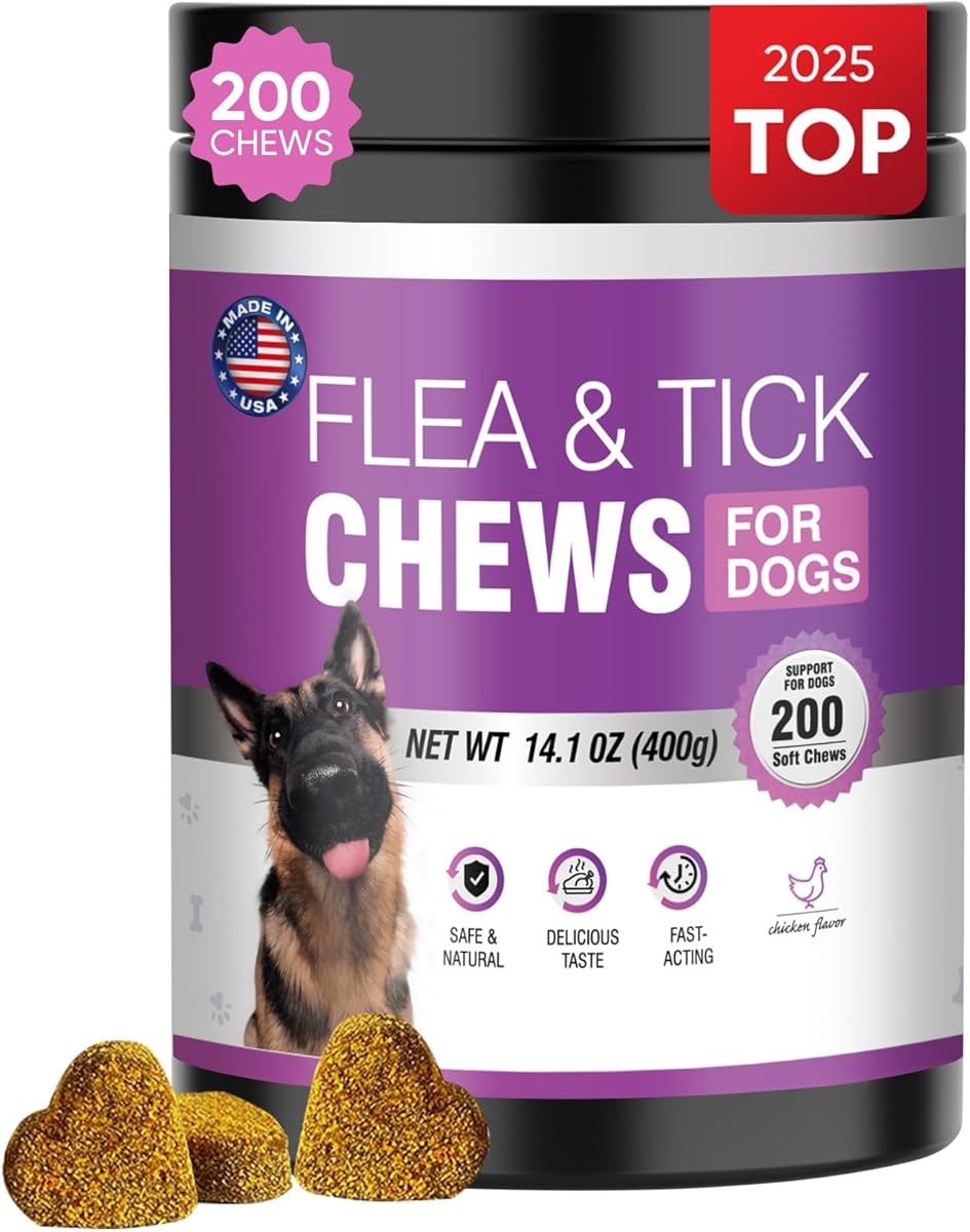 Dog Flea and Tick Treatment Chewable 200 Treatment Chews Natural Soft Chew Fleas Ticks Treatment Dog Oral Chewables Support Supplement Breeds and Ages Dogs Chicken Flavor