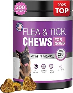 Dog Flea and Tick Treatment Chewable 200 Treatment Chews Natural Soft Chew Fleas Ticks Treatment Dog Oral Chewables Support Supplement Breeds and Ages Dogs Chicken Flavor