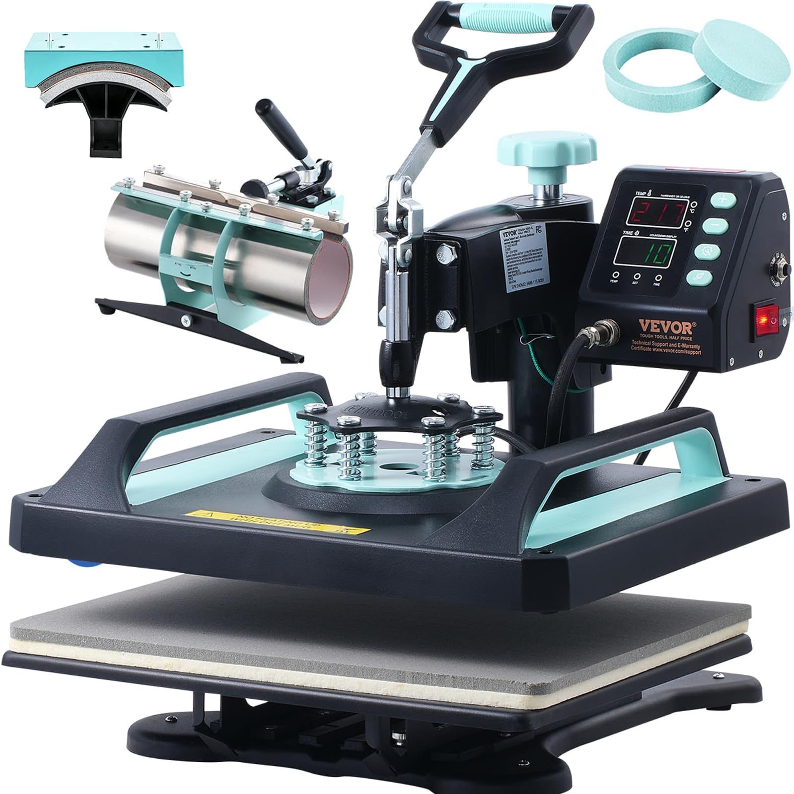 VEVOR 5 in 1 Heat Press Machine Combo with 30 OZ Tumbler Press & Hat Press 12x15 inch Heat Press for T-Shirts, Hats Caps Tumblers Glass Cans Mugs, and Plates (Green & Black)