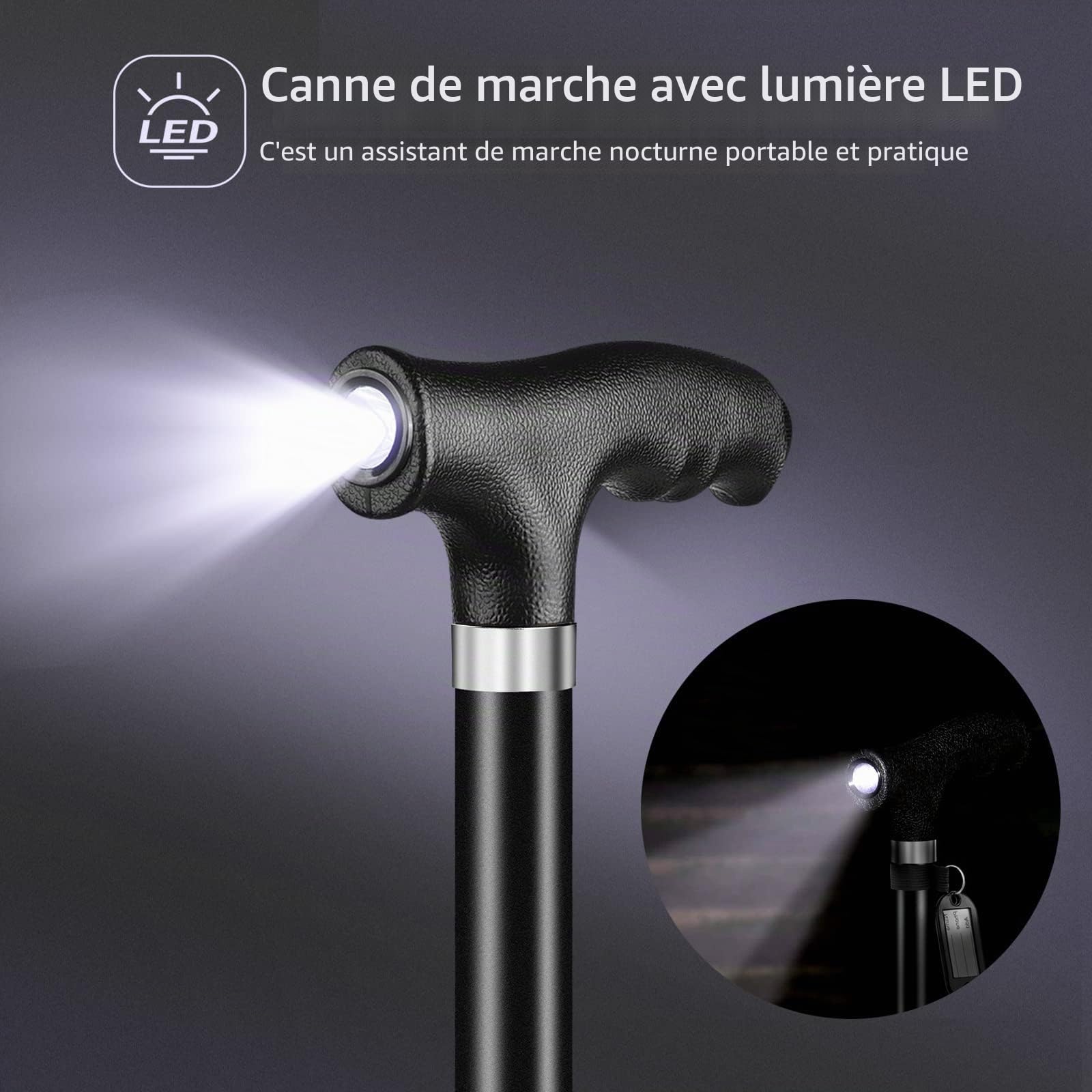 Canne de marche pliable avec lumière pour homme et femme - Canne de marche pliable avec base antidérapante - Hauteur réglable de 77 à 90 cm