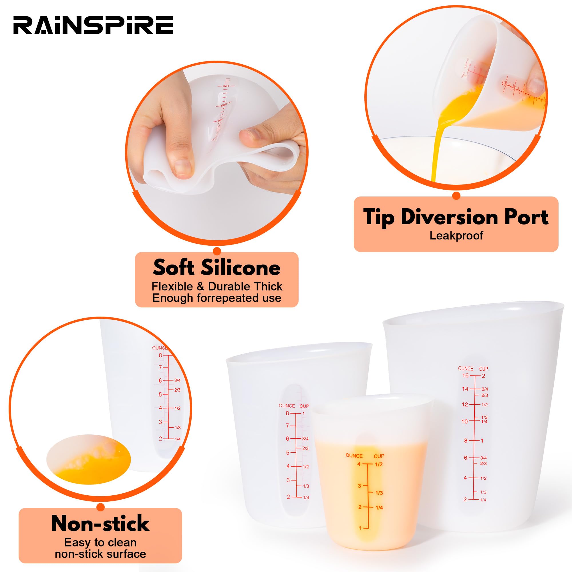 Rainspire Verbessertes 3-teiliges Silikon-Messbecher-Set, zum Drücken und Ausgießen von Flüssigkeiten, flexible Schokoladenschmelzbecher, Backzubehör, Koch Geschenke