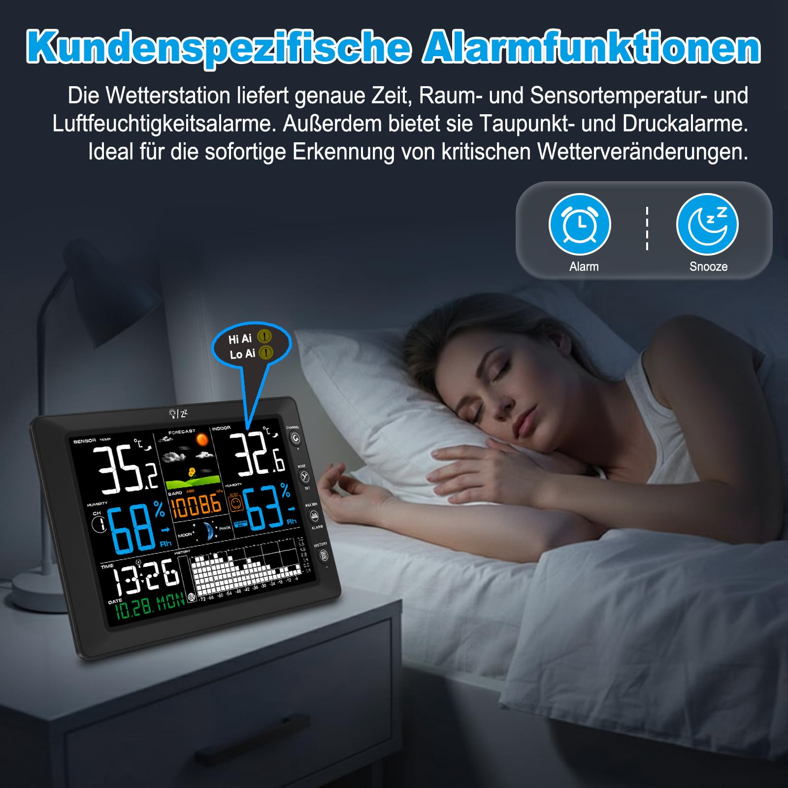 Urageuxy Wetterstation Funk mit Außensensor, 8,5" Farbdisplay, DCF-Funkuhr, Innen- & Außentemperatur, Luftfeuchtigkeit, Wettervorhersage, Luftdruck, 100 m Reichweite, erweiterbar auf 8 Sensoren