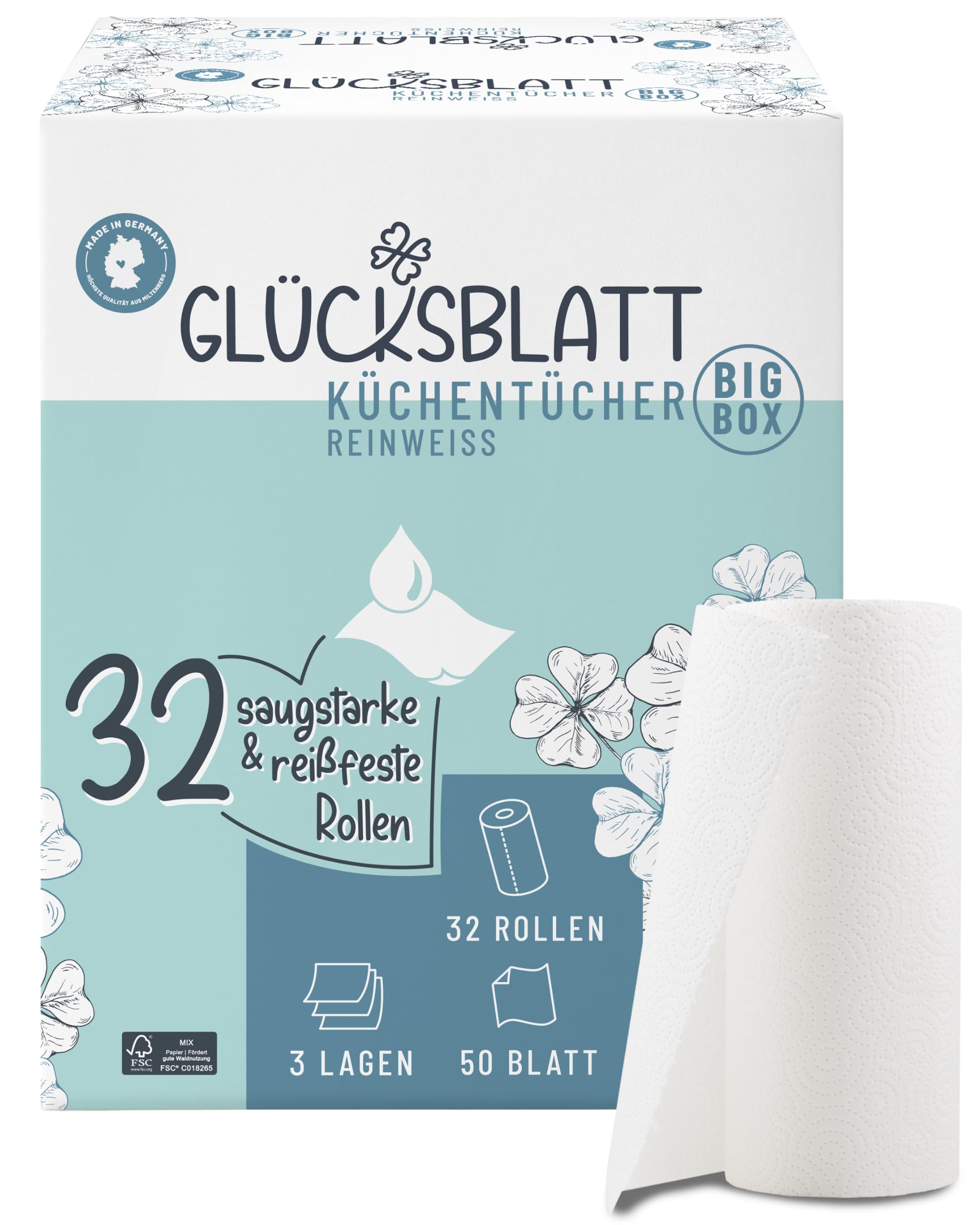 Glücksblatt Küchentücher, 32 Rollen á 50 Blatt, 3-lagige Küchenrollen Großpackung, plastikfrei, Zellstoff, Haushaltsrollen, Allzwecktücher, Papiertücher, Papierhandtücher, Küchenpapier | Saugstarkes Küchenpapier aus Frischzellstoff, 50 Blatt, extrem reißf