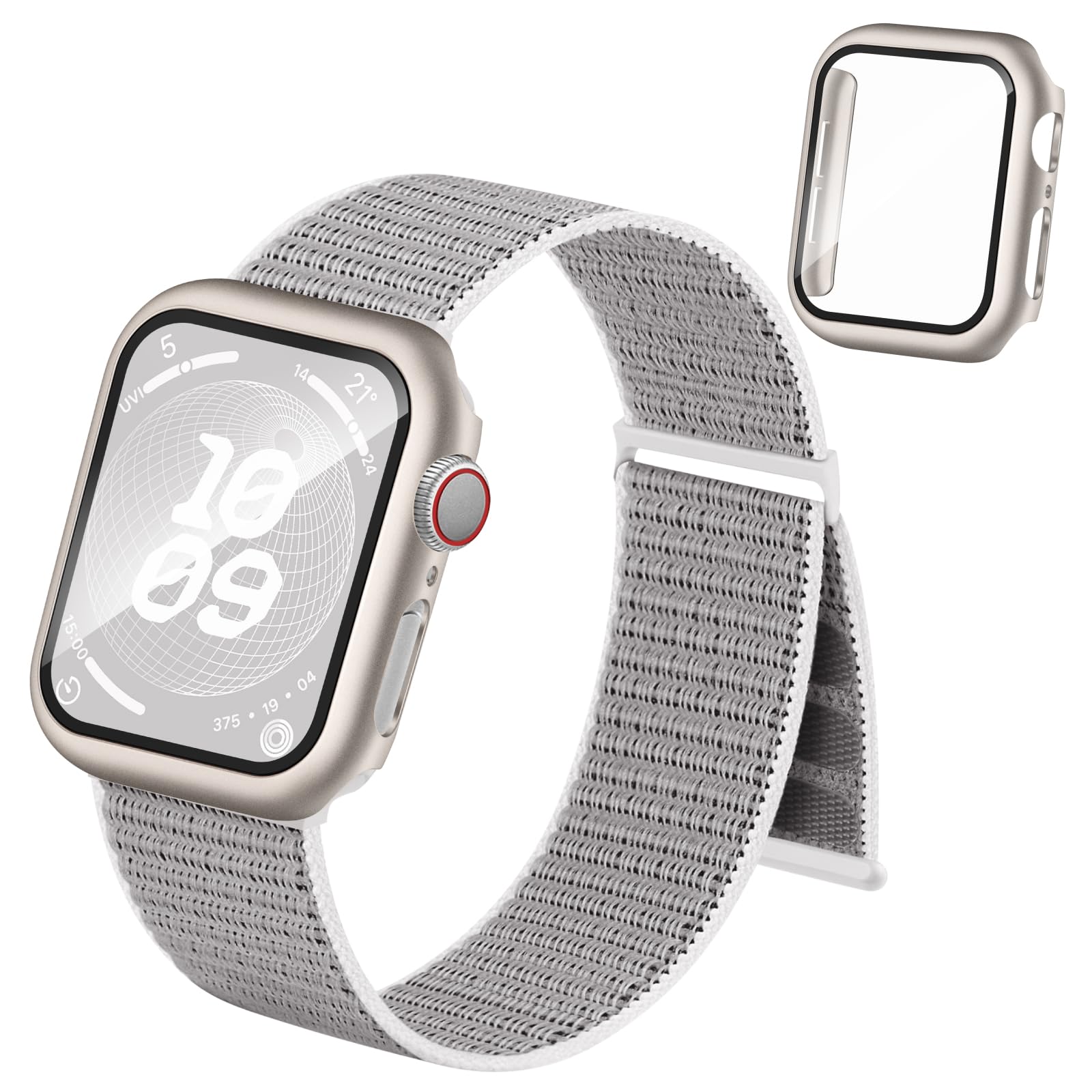 Compatible with Apple Watch Band 40mm 41mm 44mm 45mm with Screen Protector Case,Adjustable Nylon Sport Band Strap and Protective Cover with 9H Tempered Glass for iWatch Series 9 8 7 6 5 4 SE