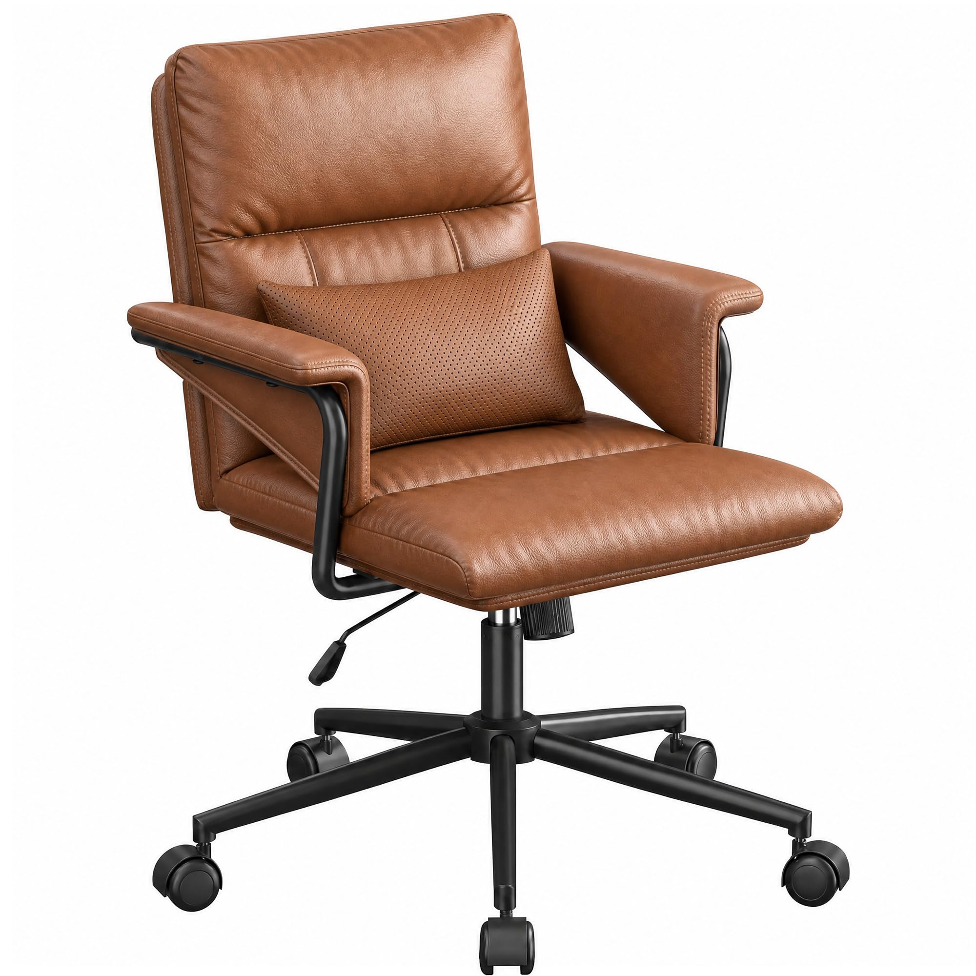 Cliporix Office Chair with Lumbar Support Pillow & Wide Armrests for Home Office Worker, Ergonomic Mid-Back, Easy-Clean PU Leather, 95°–120° Recline & Height Adjustable for Small Space, Brown