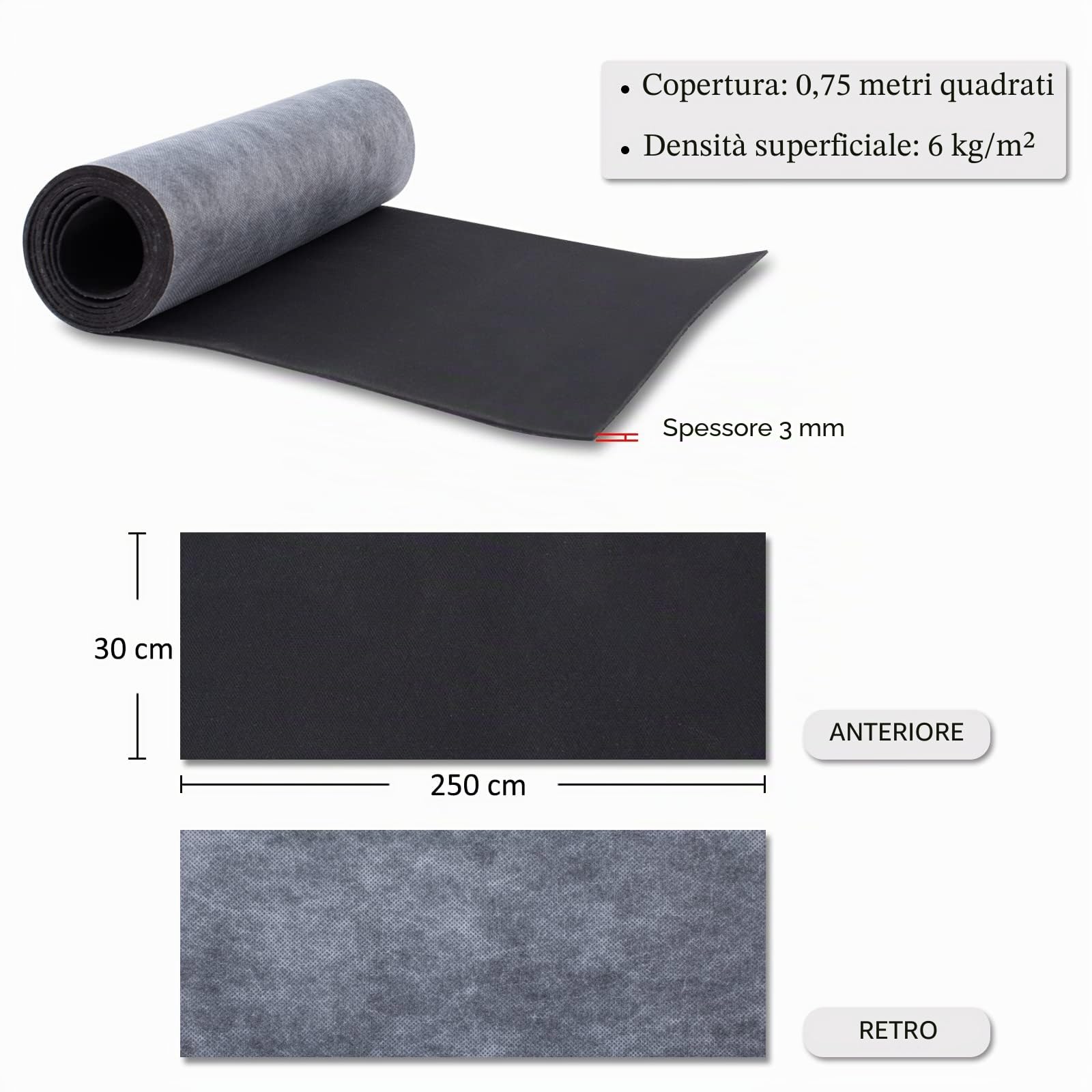 BXI Barriera fonoisolante in vinile caricato di massa - 6 kg/m², 30 x 250 cm Foglio isolante MLV, Materiale fonoisolante smorzante antivibrazioni, Spessore 3 mm