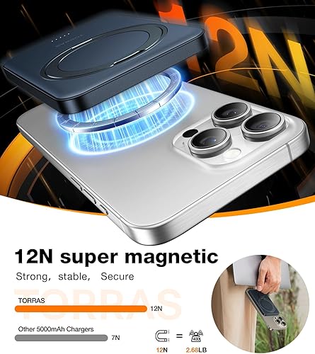 Miniatura 5 de TORRAS Cargador portátil inalámbrico con soporte giratorio de 360, batería Magsafe de 5000 mAh, banco de energía magnético USB-C de 15 W para iPhone