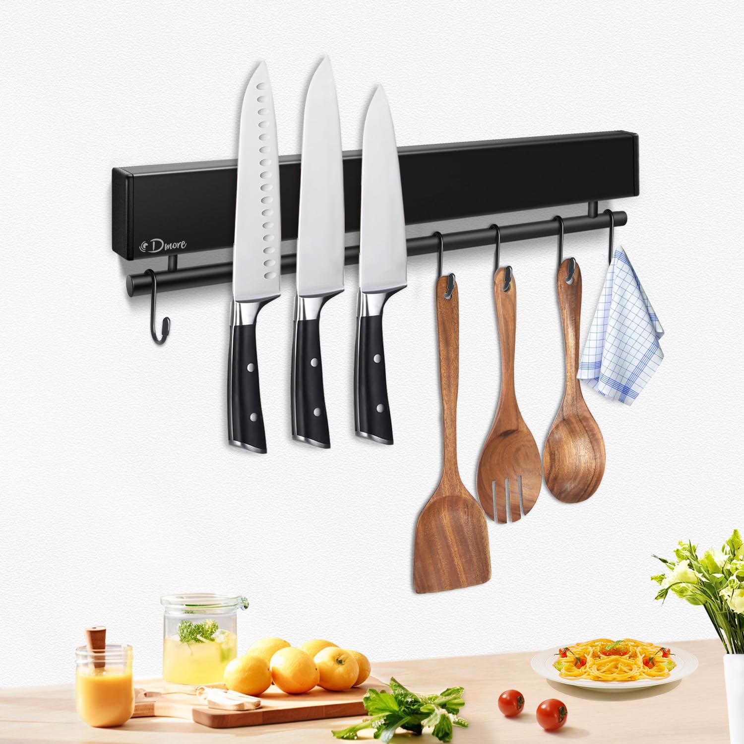 Dmore 30 cm Magnetleiste Messer mit 5 Haken, schwarzer Messerhalter magnetisch mit Hakenleiste, extrem selbstklebend Magnet Messerhalter, inklusive Klebeband und Schrauben, für Messer und Utensilien