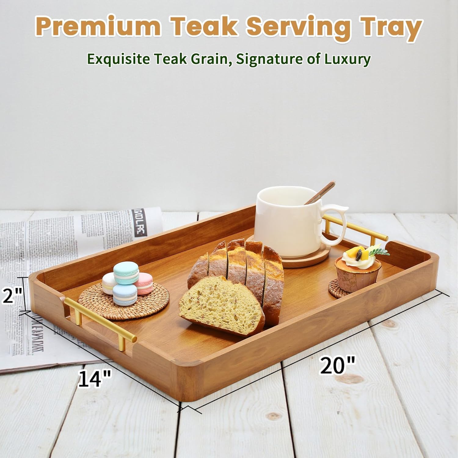 Solid Teak Wood Serving Tray with Handles, 20"x14"x2" Large Ottoman Tray for Living Room Kitchen Party, Decorative Rustic Rectangular Tray for Home Coffee Table Breakfast Dinner Bar