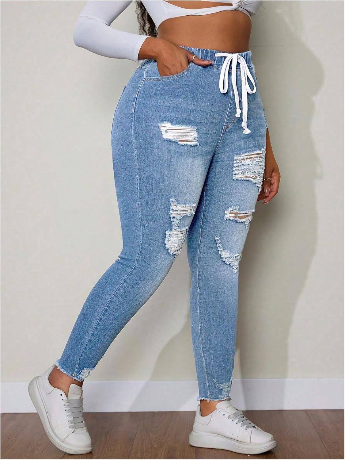 WDIRARA Women's Plus Size Drawstring Waist Ripped Jeans Stretch Skinny Denim Pants - Image 4