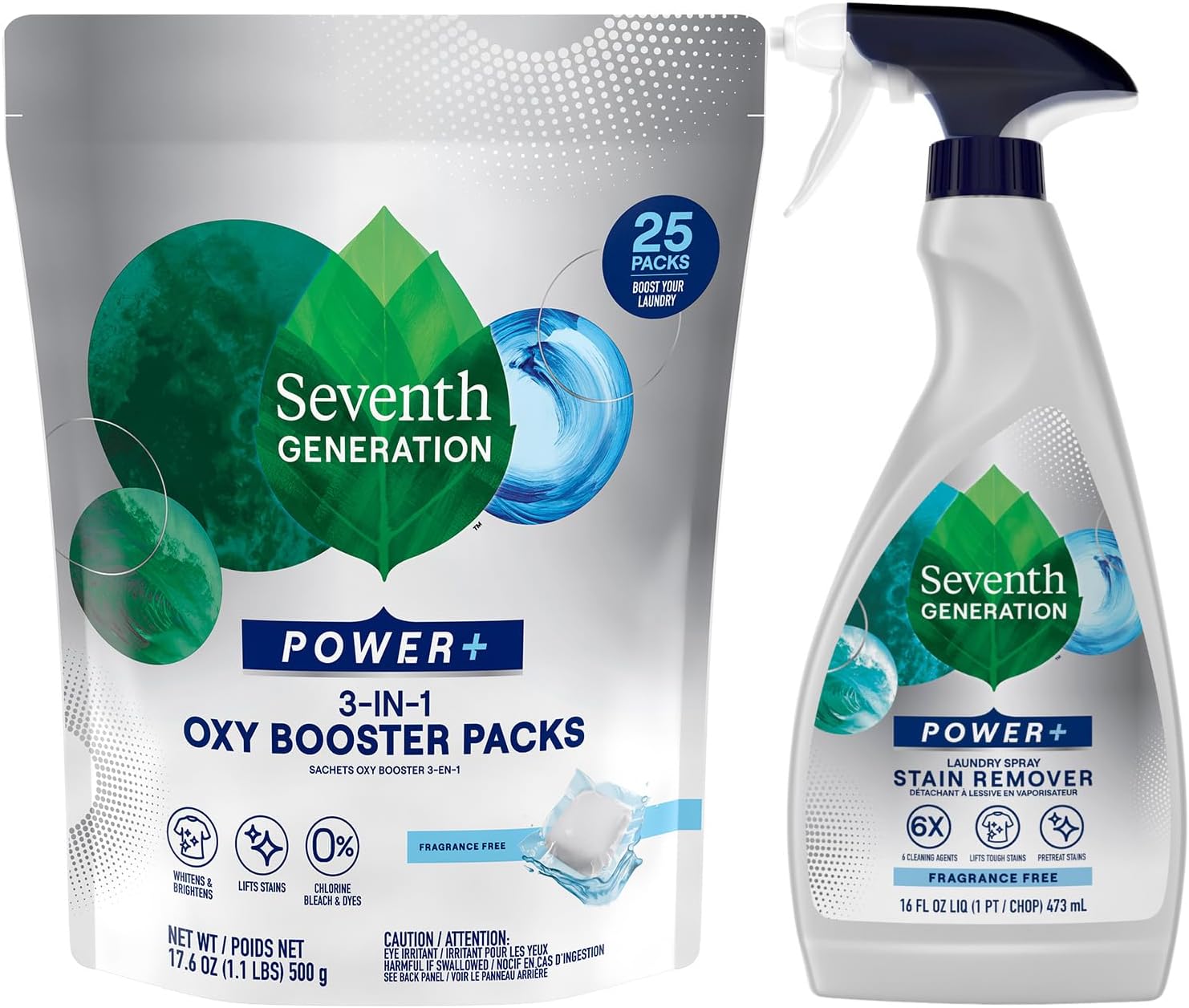 Seventh Generation Stain Remover Bundle – Power+ Laundry Spray + 3-in-1 Oxy Booster Packs, Plant-Based Formulas, Fragrance-Free (2 Piece Set)
