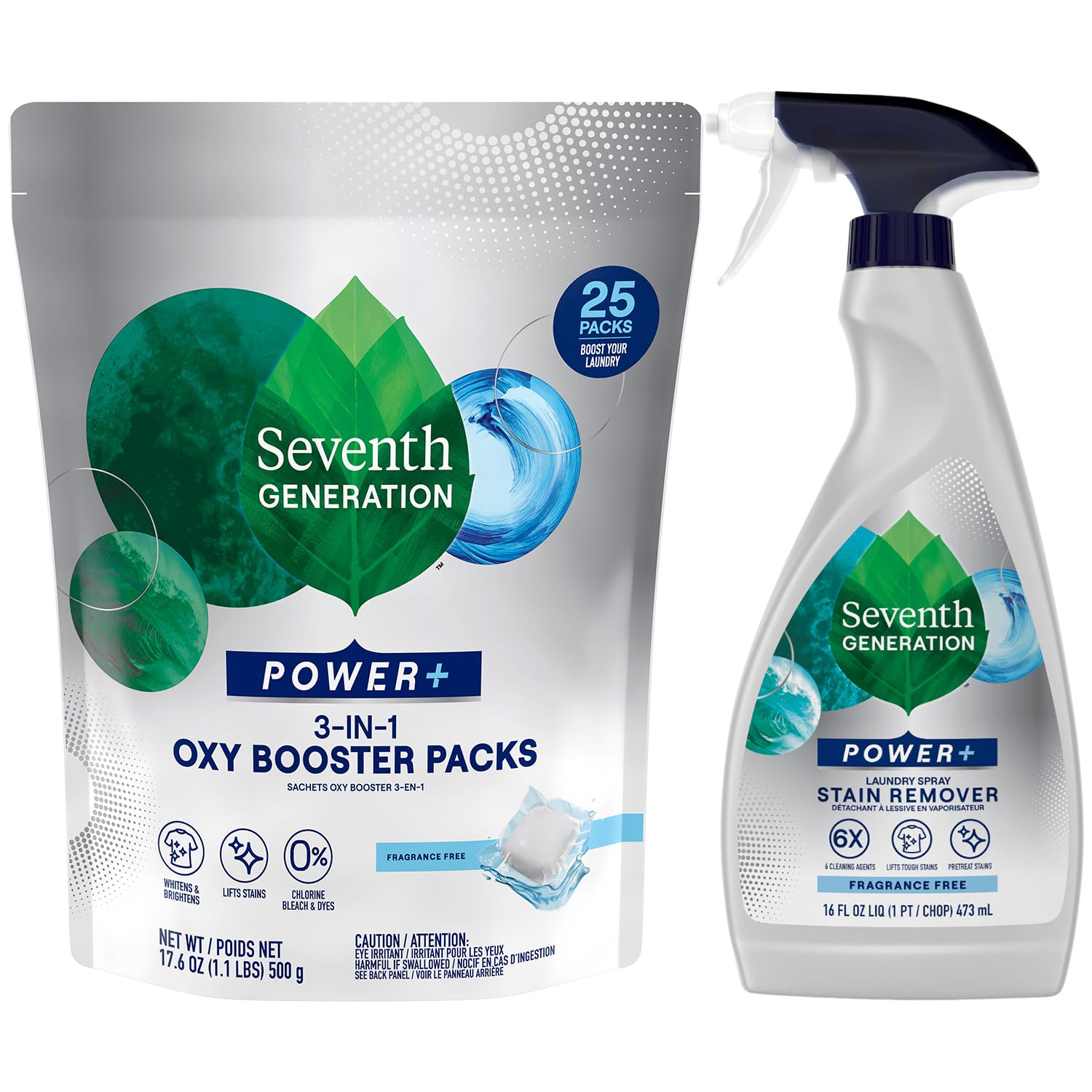 Seventh Generation Stain Remover Bundle – Power+ Laundry Spray + 3-in-1 Oxy Booster Packs, Plant-Based Formulas, Fragrance-Free (2 Piece Set)