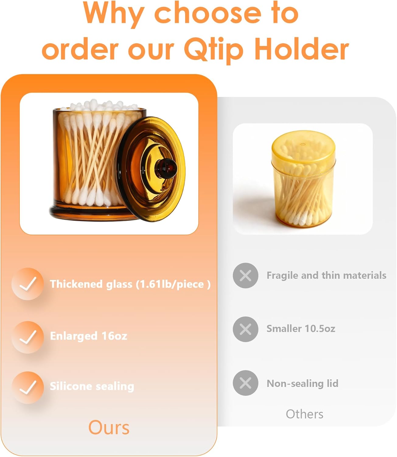 4 Pack Bathroom Organizers and Storage - 16 Oz Glass Qtip Holder & Cotton Pad Dispenser with Lid, Apothecary Jars for Home, Room Decor, Kitchen Organizer (Amber) - Image 8