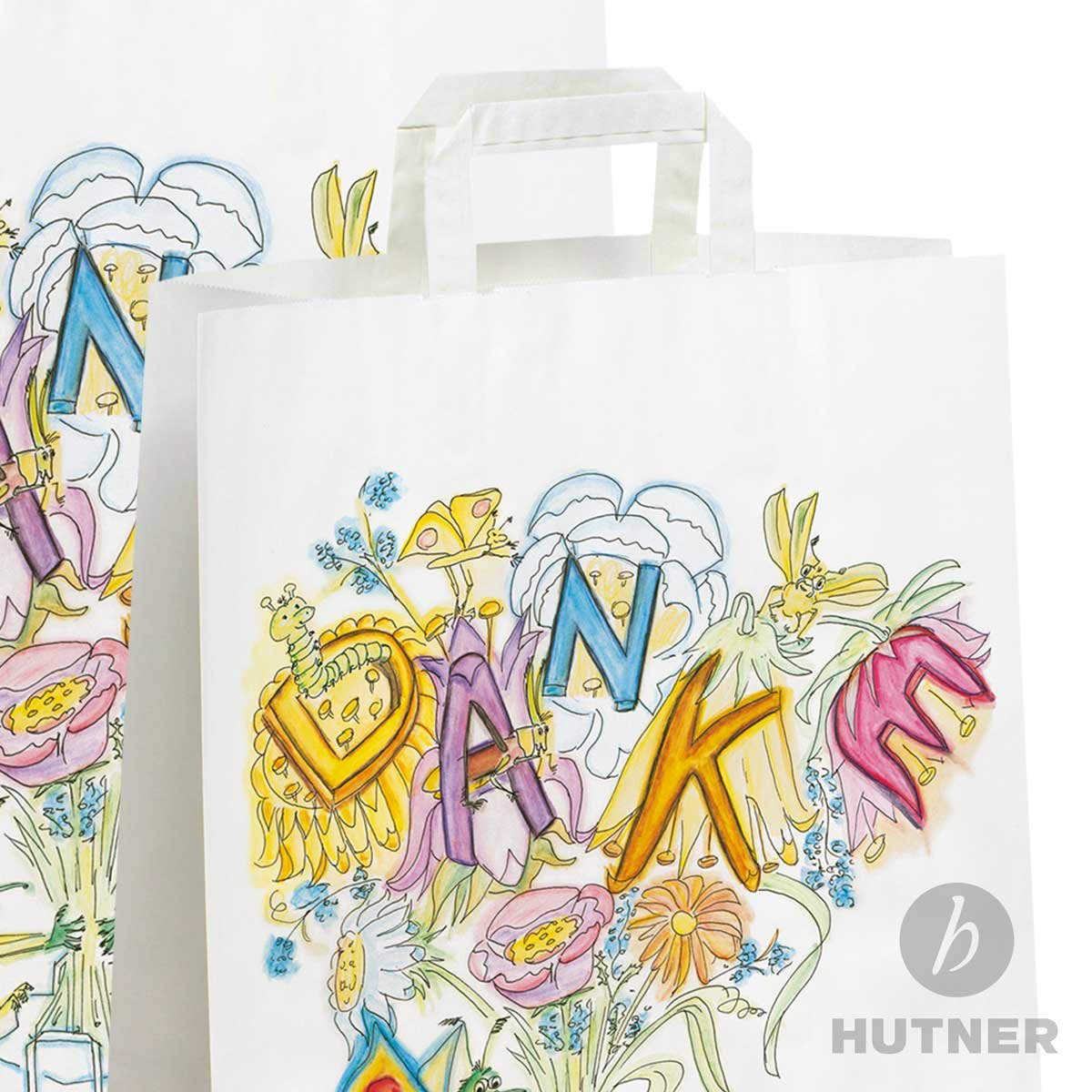 250 x Papiertüten 26+10x33 cm mit Motiv: Danke | stabile Geschenktaschen für Handel, Mitbringsel, Geburtstag | Papiertaschen aus Kraftpapier| HUTNER