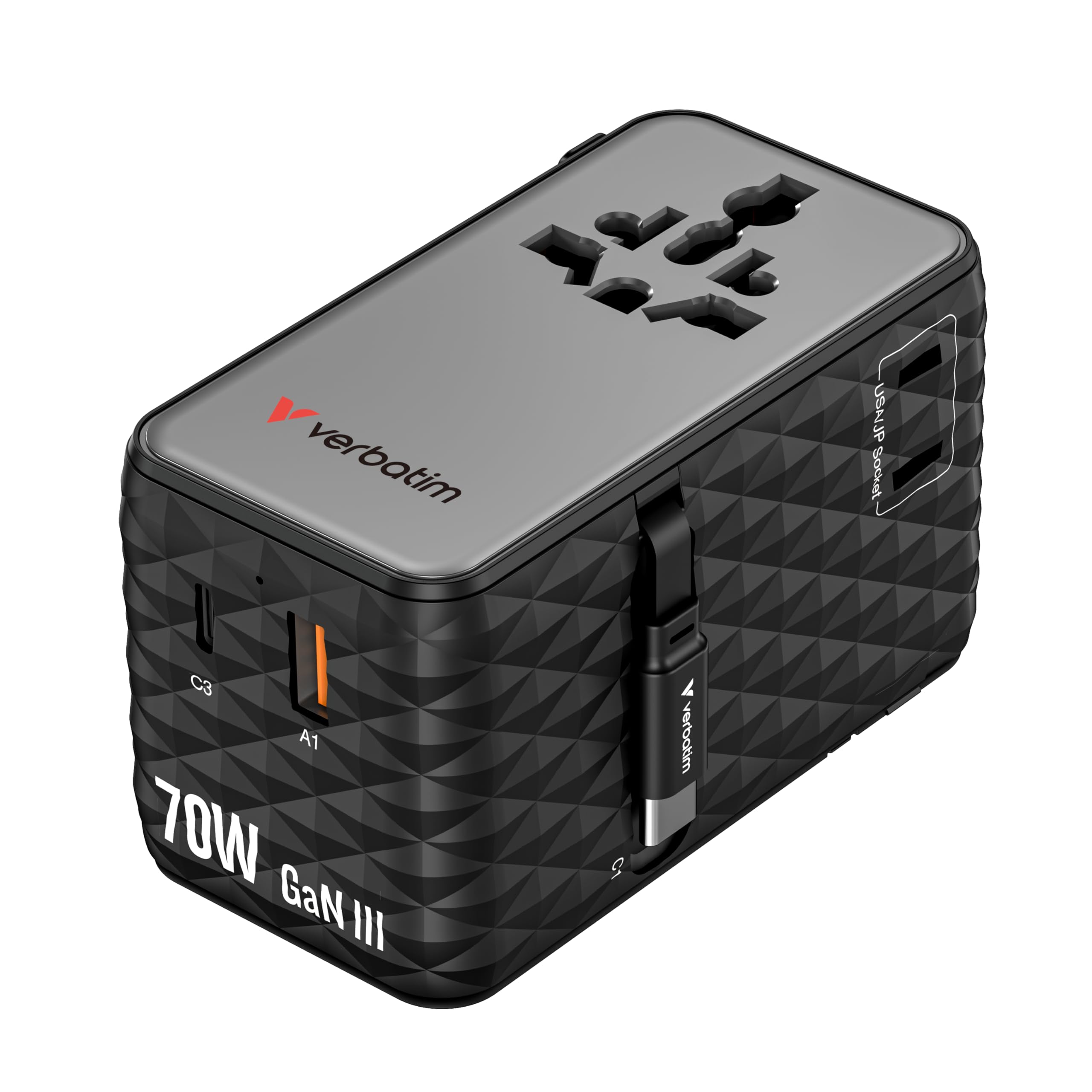 Verbatim GaN - Adattatore da viaggio 70 W, nero, con 2 cavi integrati e USB-C, USB-A, 2 connettori USA/JP, caricatore rapido per laptop, smartphone e altro ancora, utilizzabile in tutto il mondo
